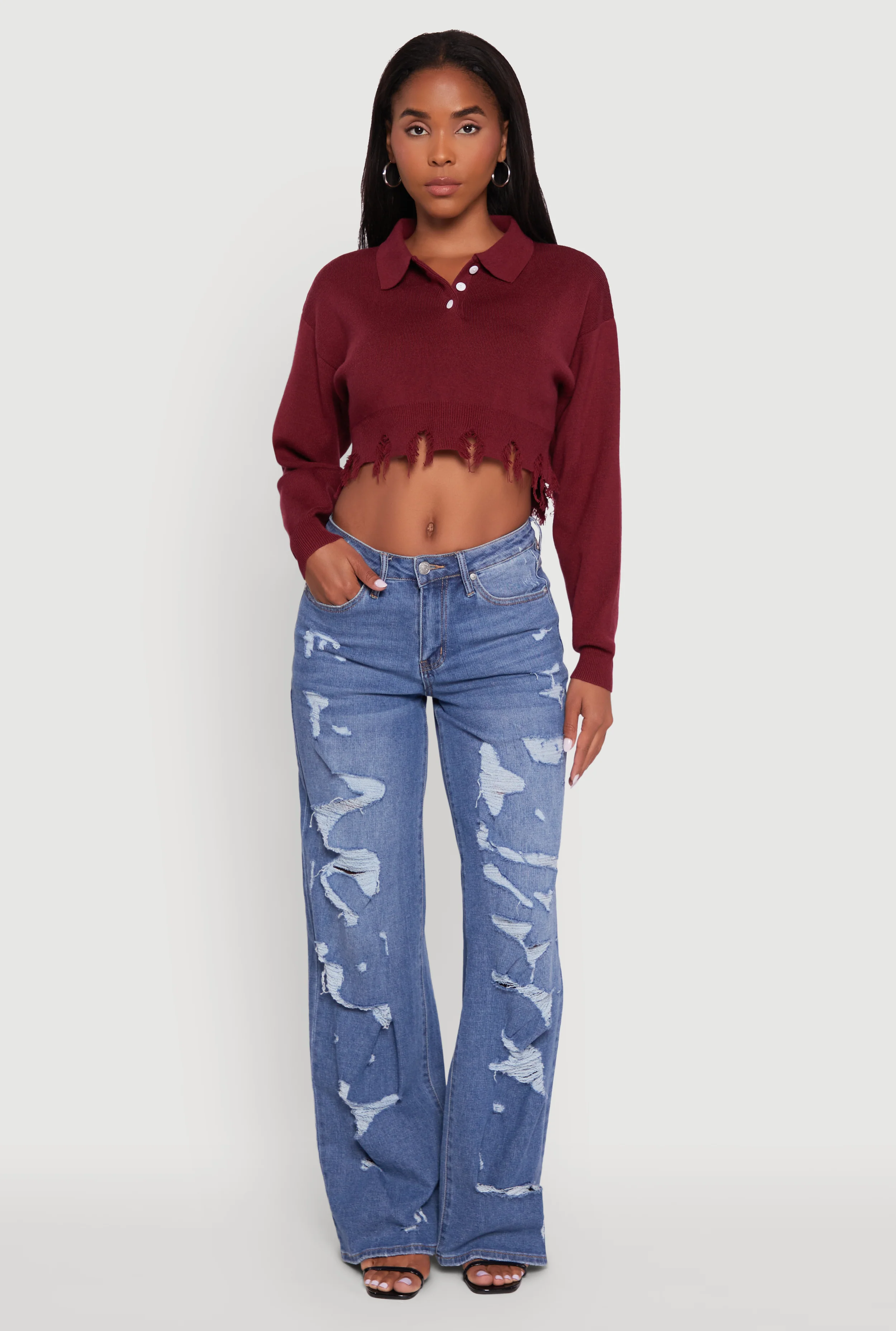 Frayed High Low Hem Cropped Long Sleeve Sweater