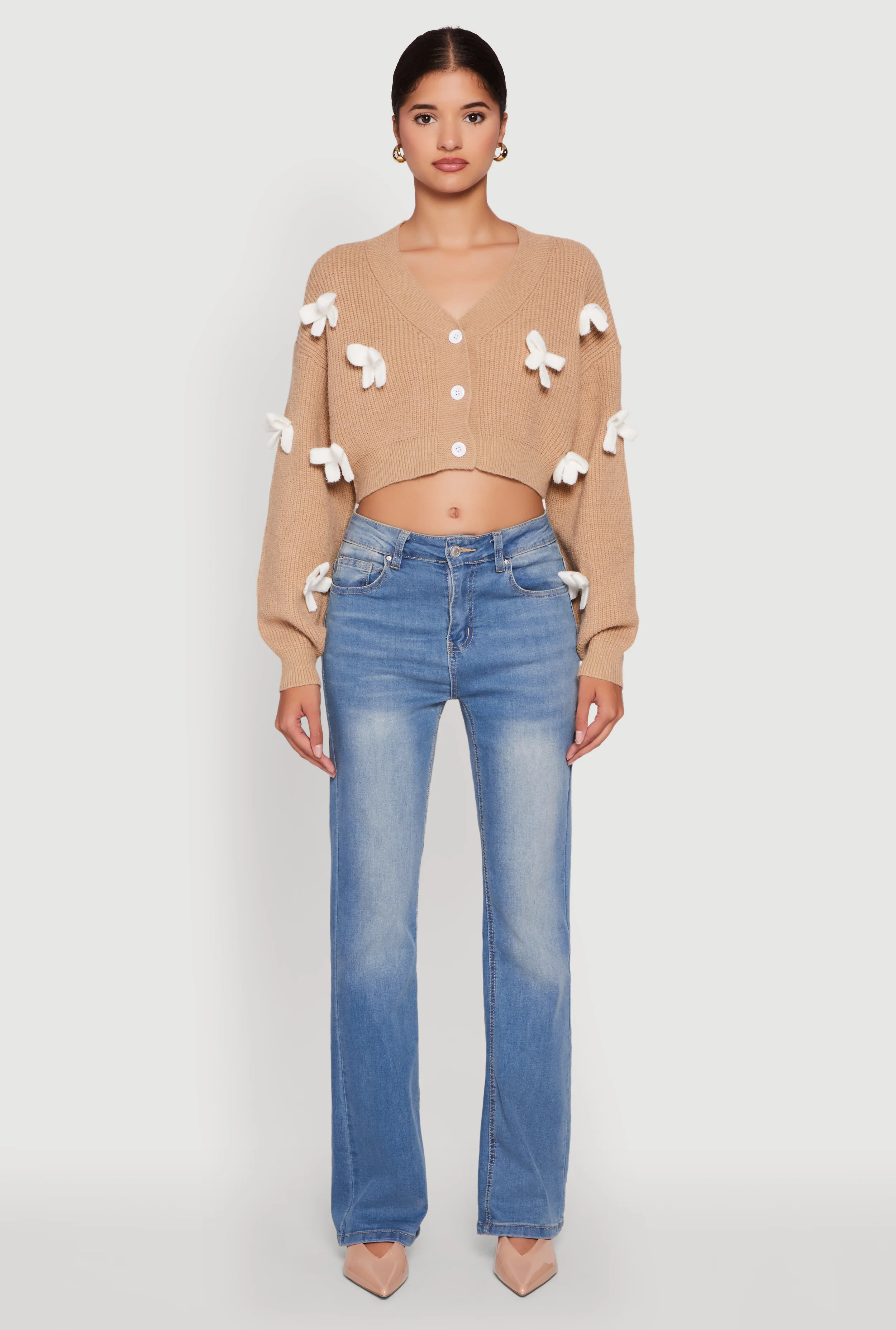 Color Blocked Bow Detail Cropped Cardigan
