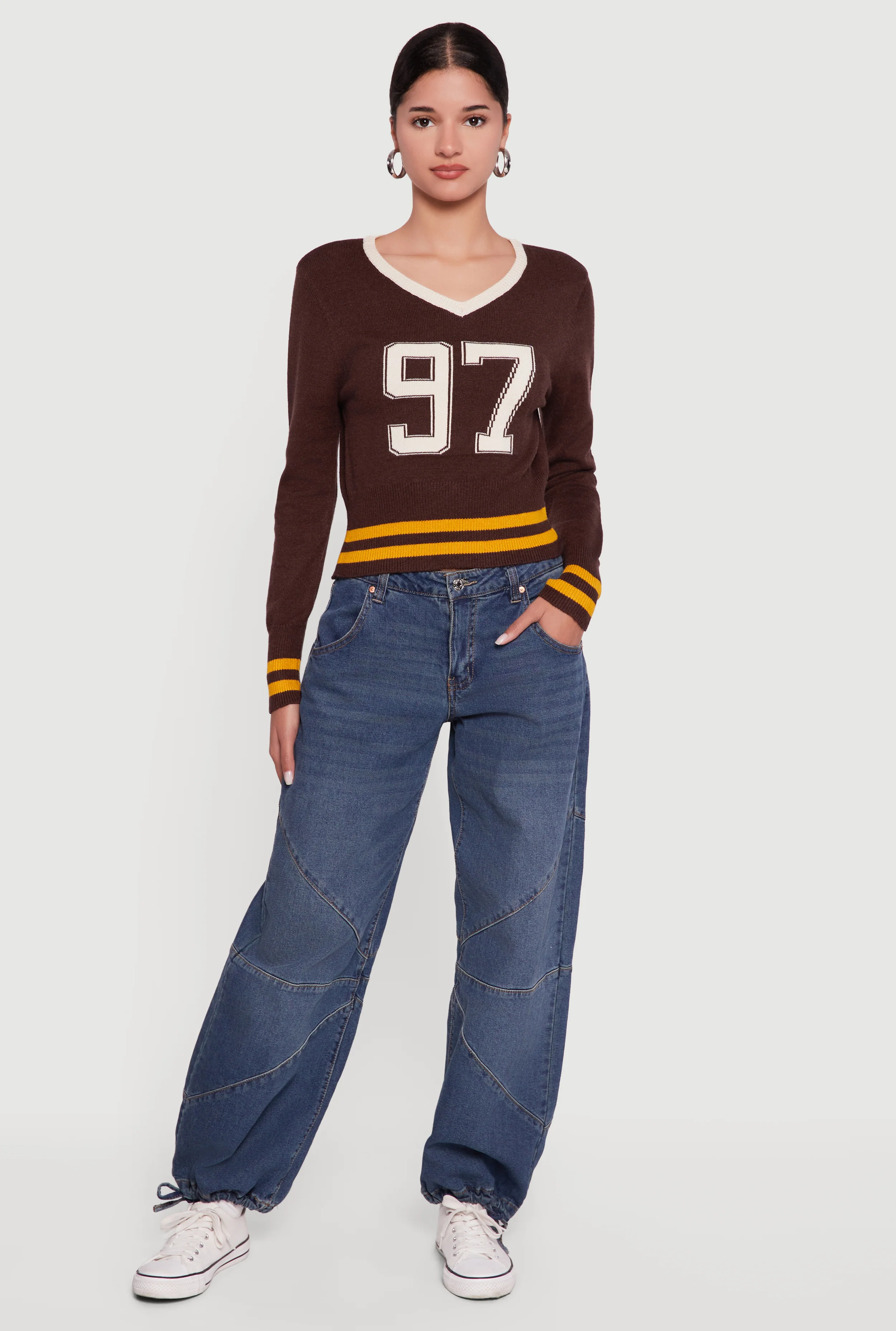 97 Graphic Varsity Stripe V-Neck Sweater