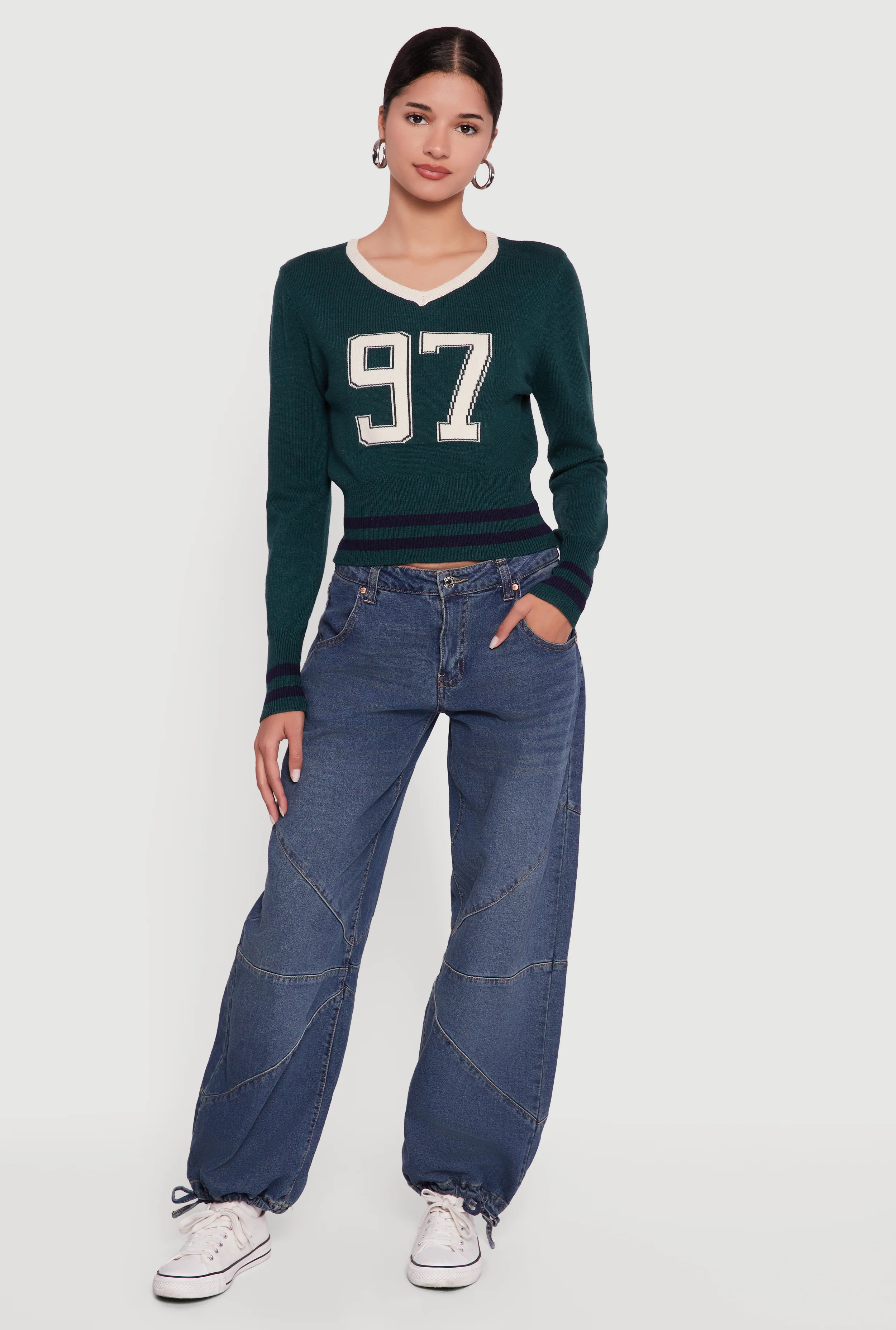 97 Graphic Varsity Stripe V-Neck Sweater