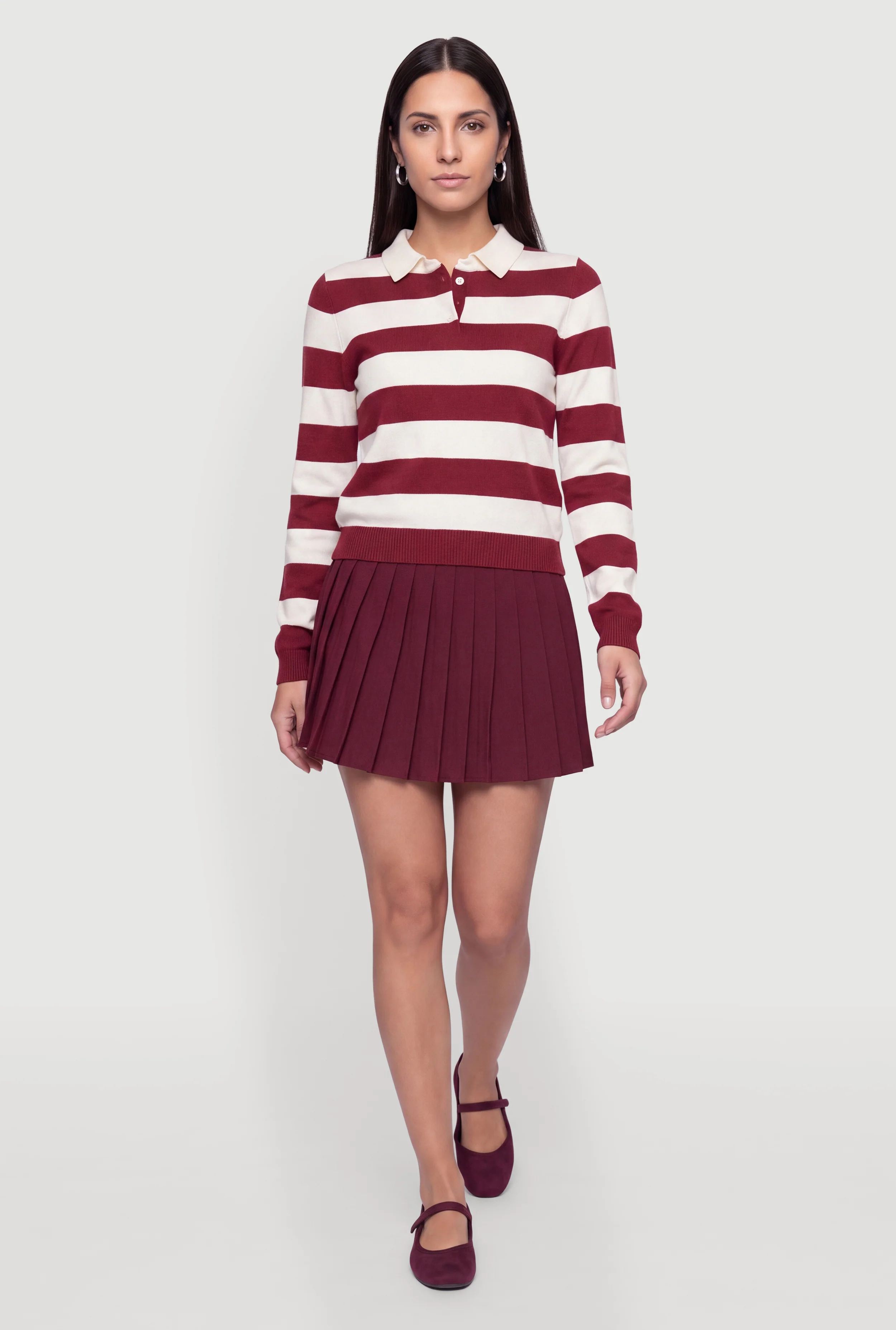 Striped Button Front Long Sleeve Polo Top