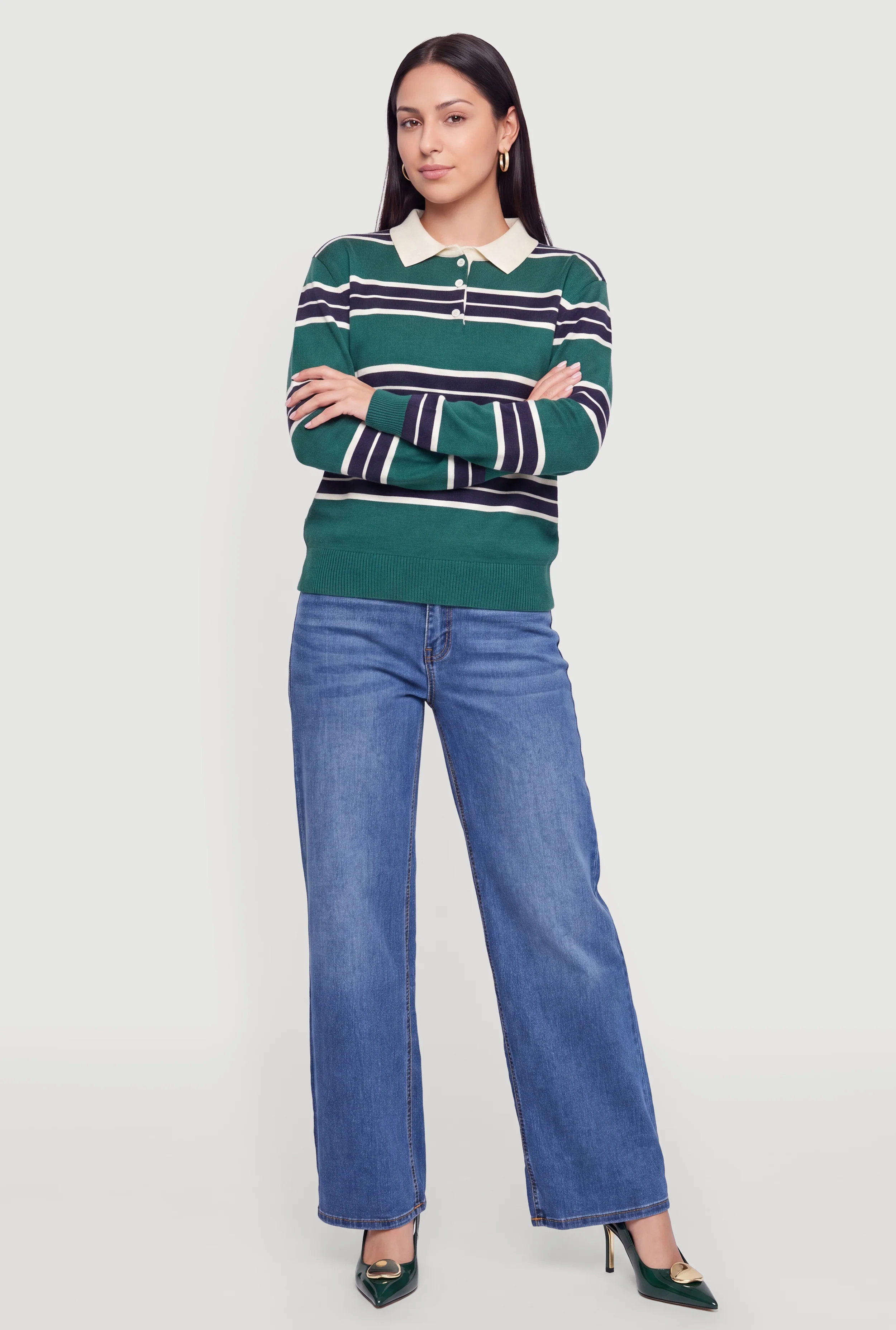 Striped Long Sleeve Button Front Polo Shirt