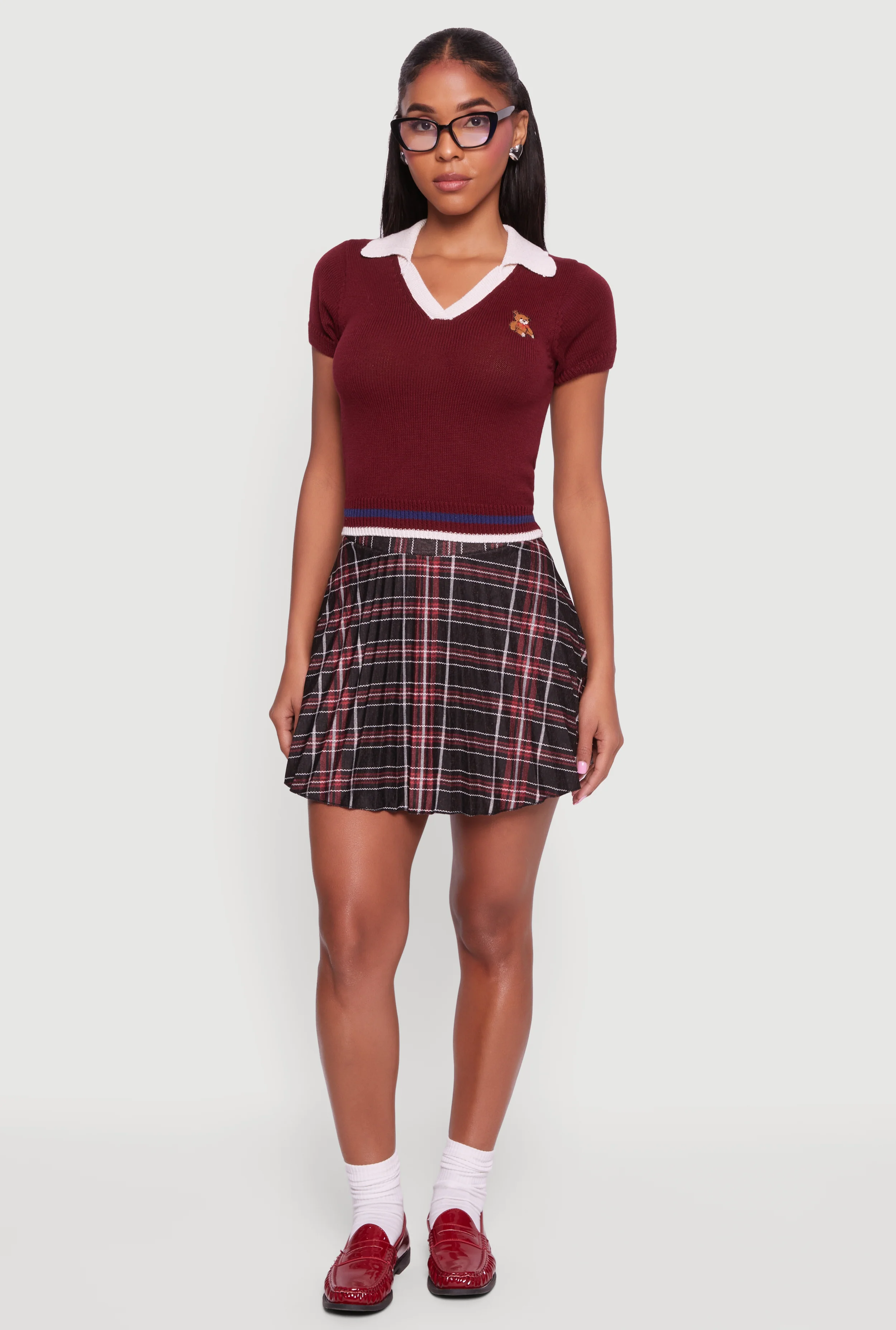 Teddy Bear Graphic Contrast Trim Cropped Polo Sweater