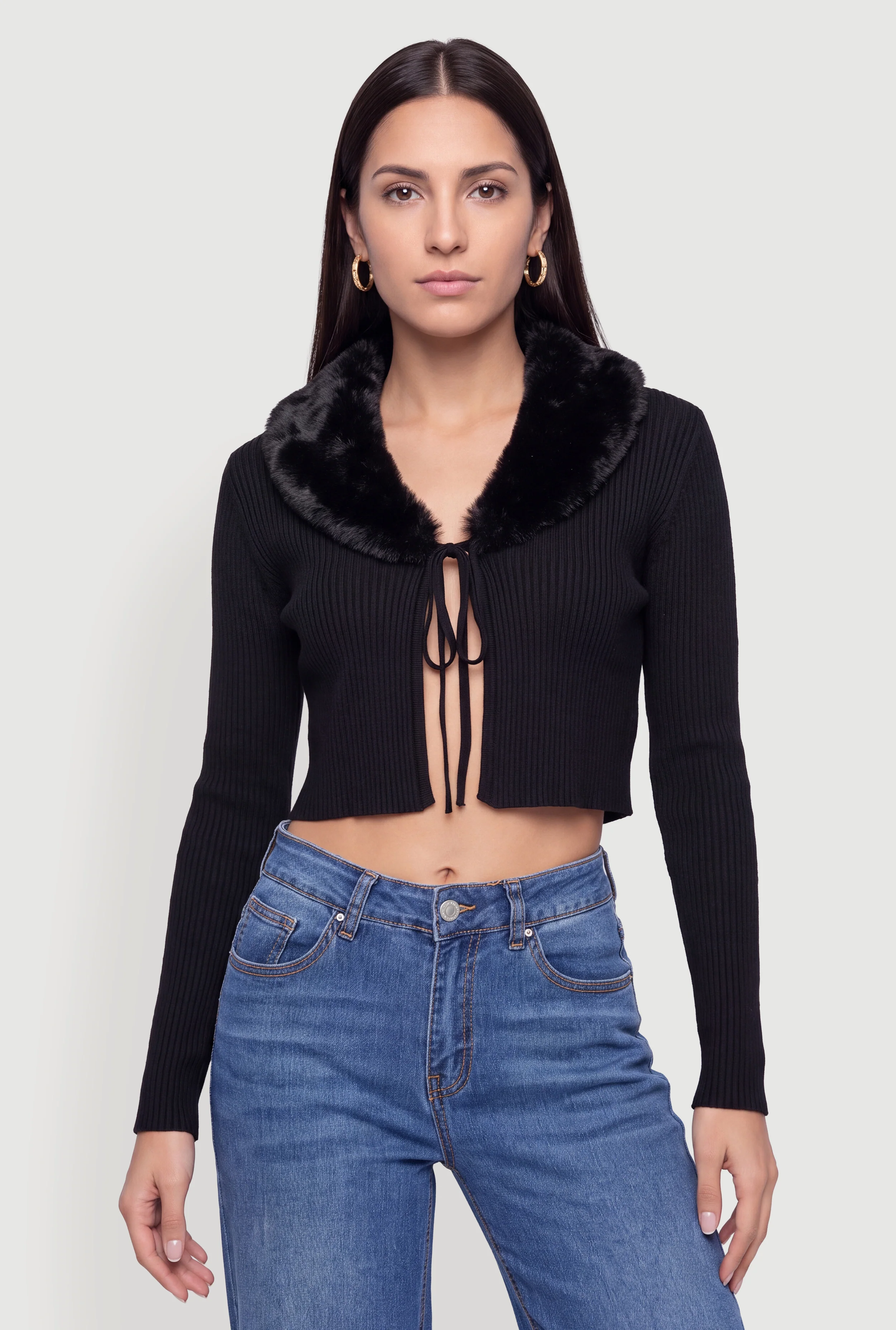 Tie Front Cropped Cardigan with Removable Fur Collar