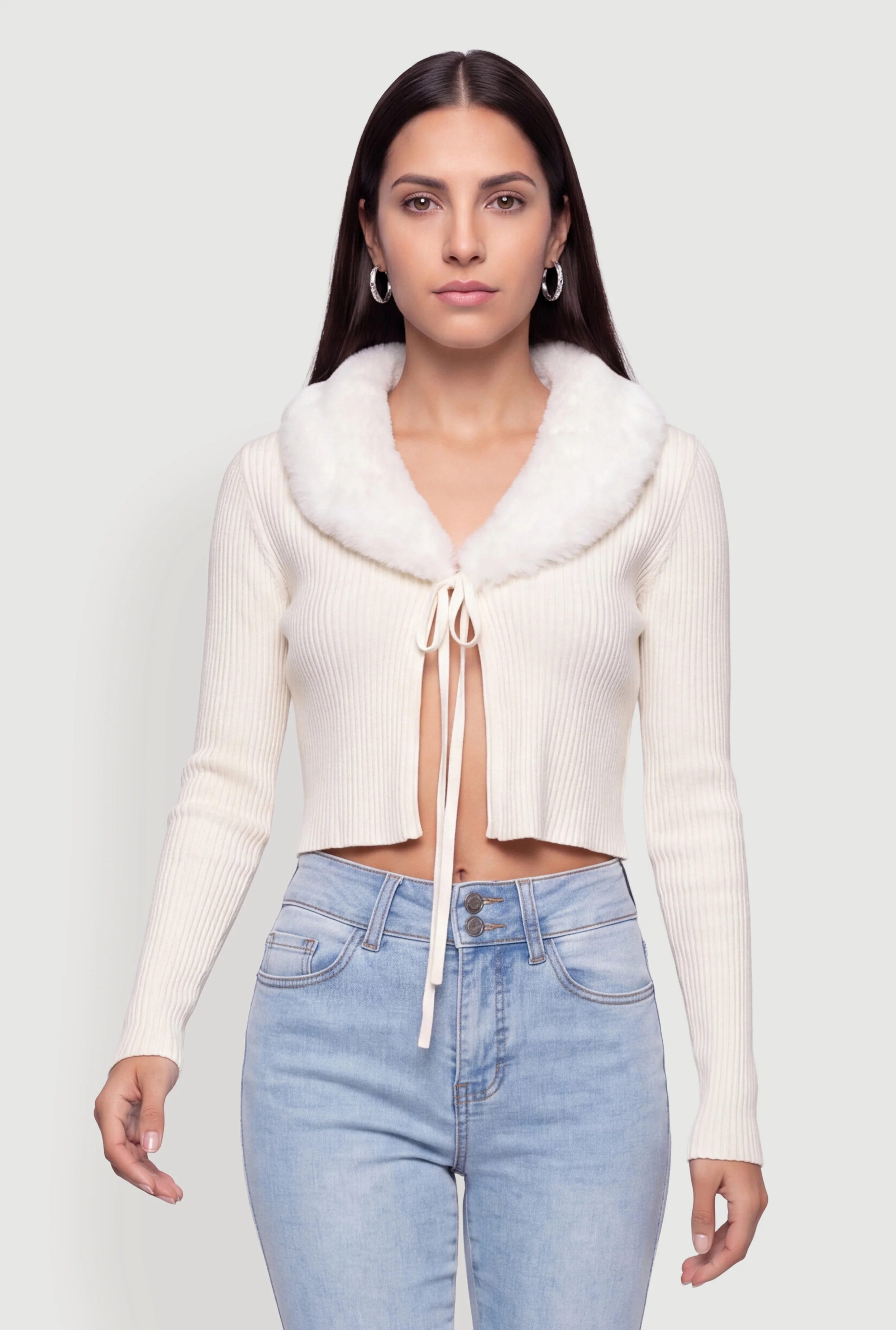 Tie Front Cropped Cardigan with Removable Fur Collar