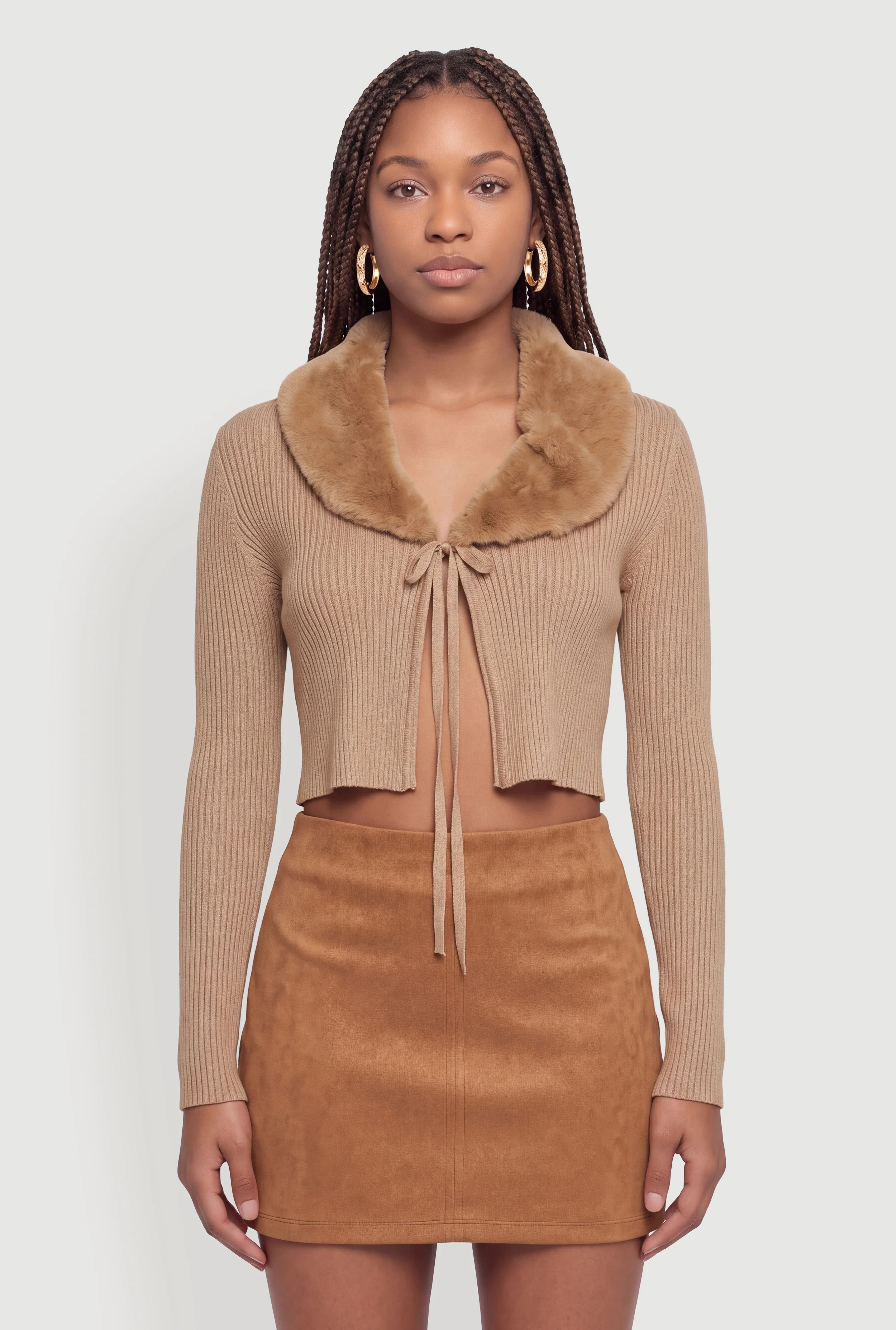 Tie Front Cropped Cardigan with Removable Fur Collar