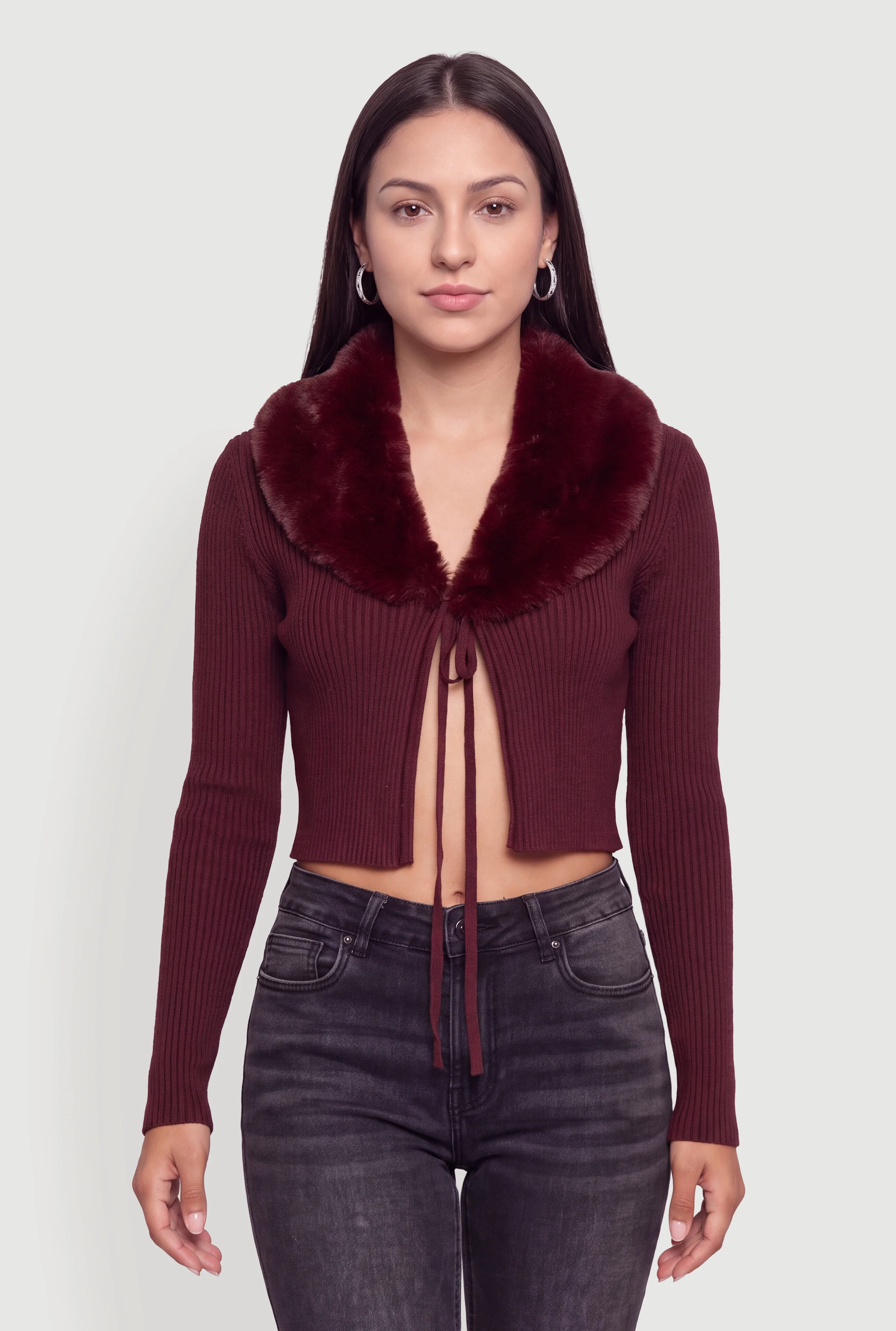 Tie Front Cropped Cardigan with Removable Fur Collar