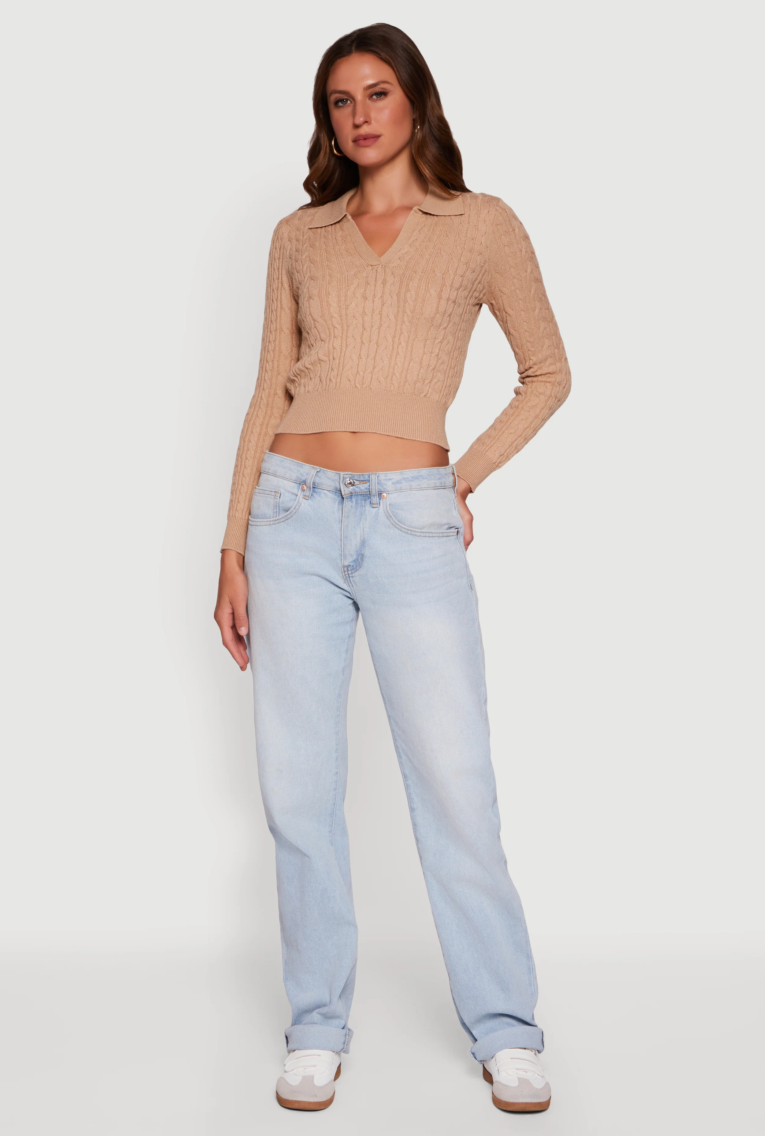 Long Sleeve Cable Knit Polo Sweater