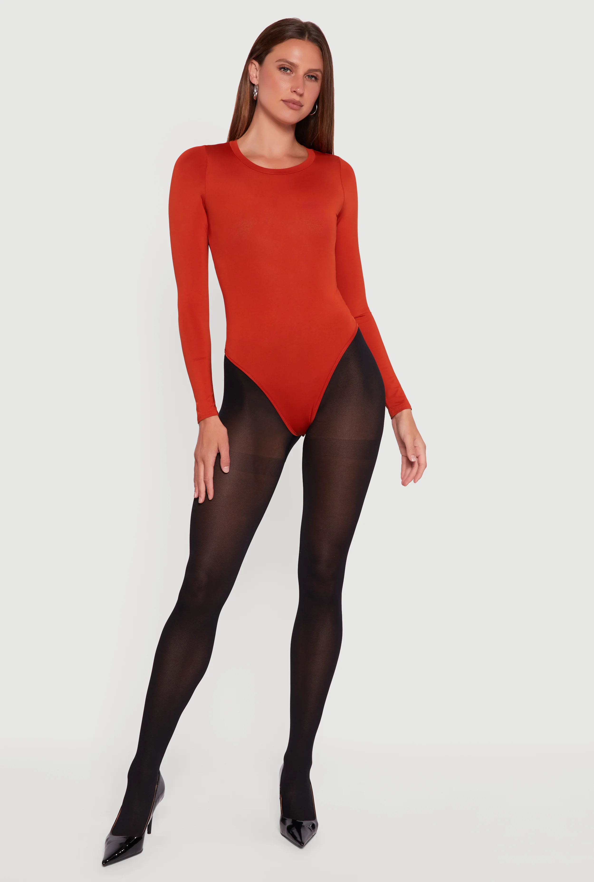Basic Curve Hugging Long Sleeve Crew Neck Bodysuit