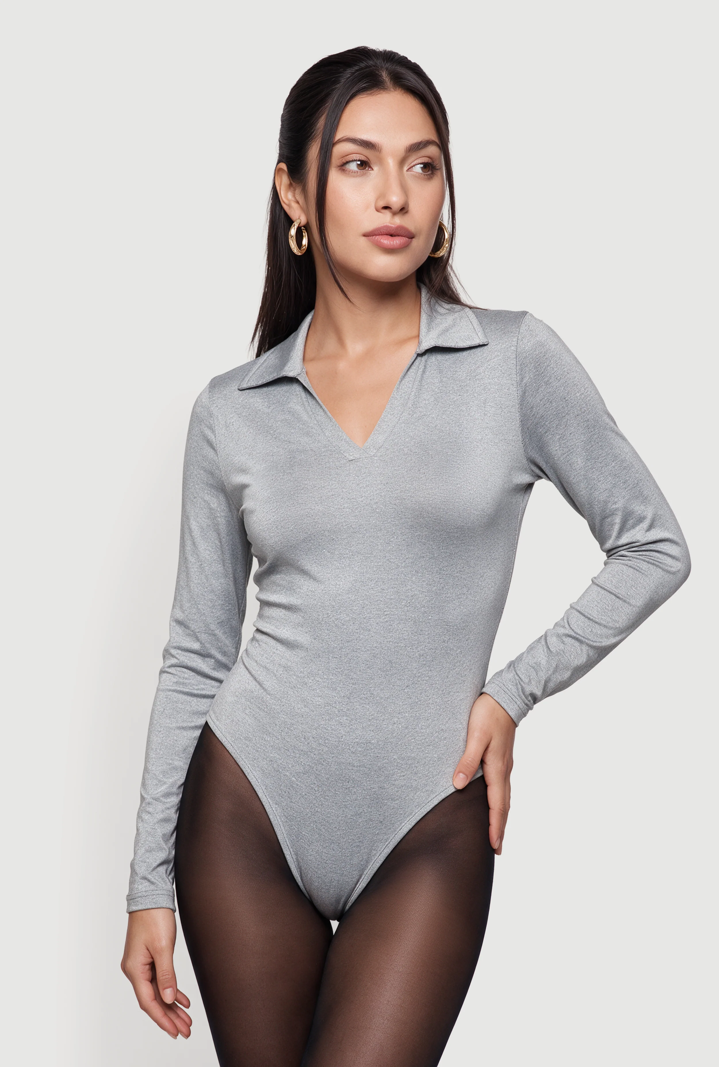 Long Sleeve Polo Collar Thong Bodysuit