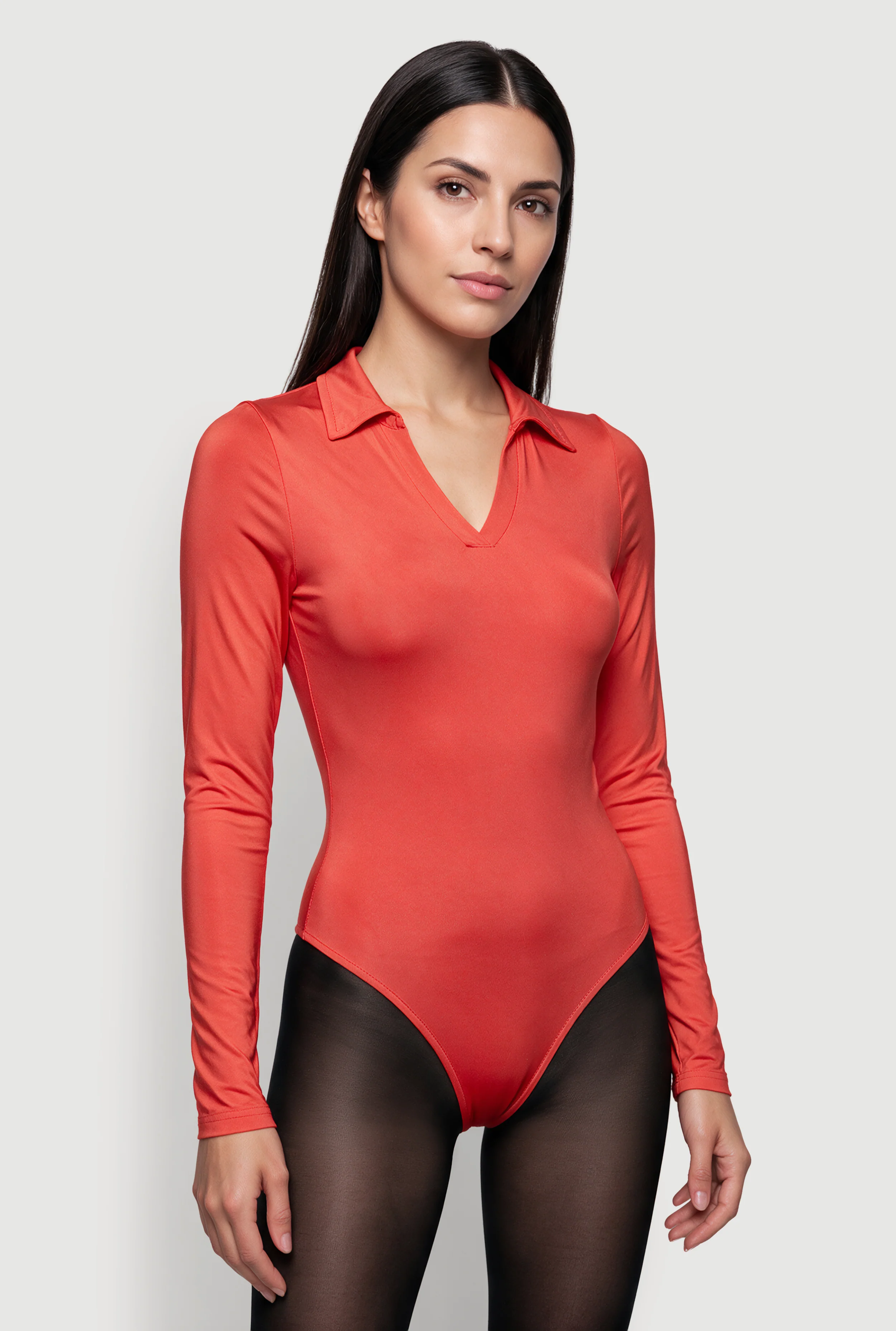 Long Sleeve Polo Collar Thong Bodysuit
