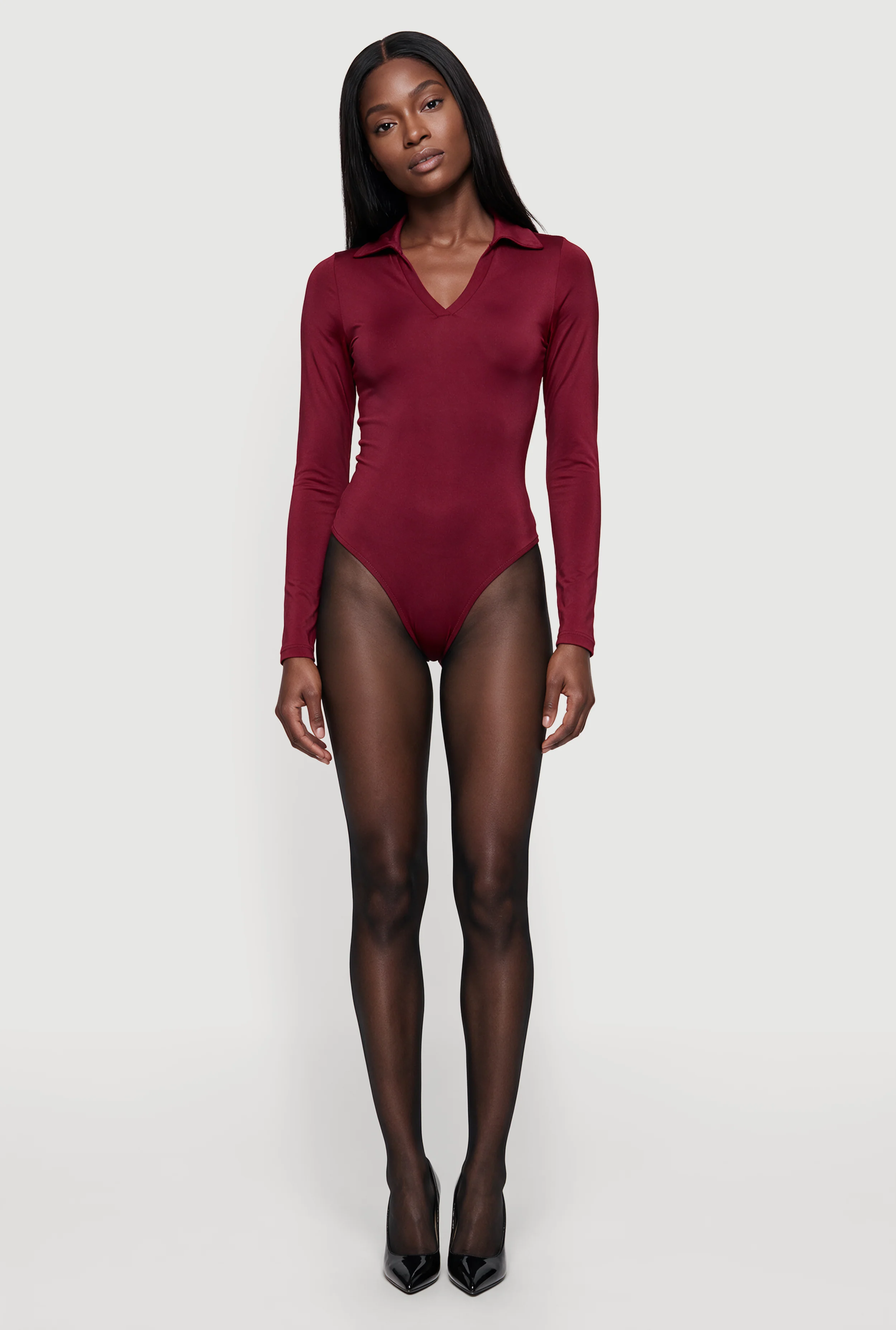 Long Sleeve Polo Collar Thong Bodysuit