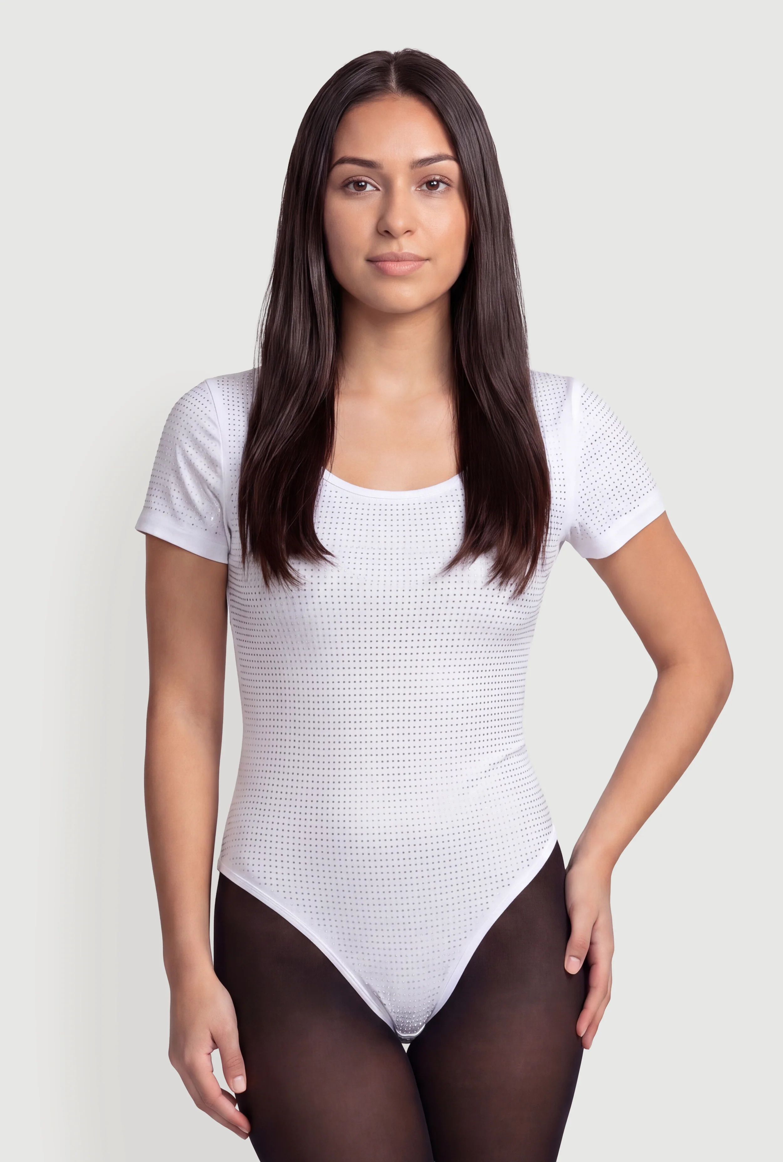 Rhinestone Scoop Neck Short Sleeve Bodysuit