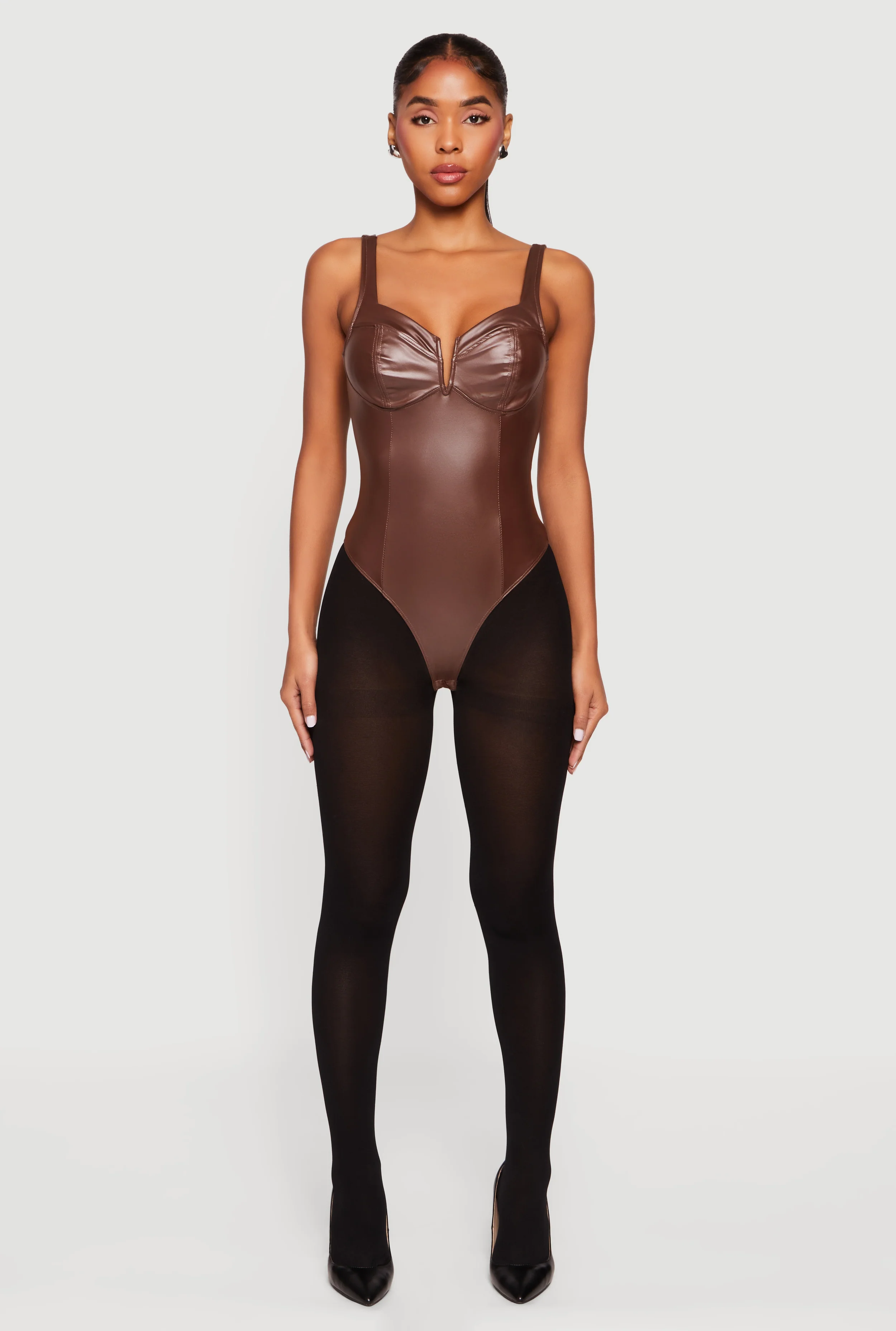 Leather Look Sleeveless Bustier Bodysuit