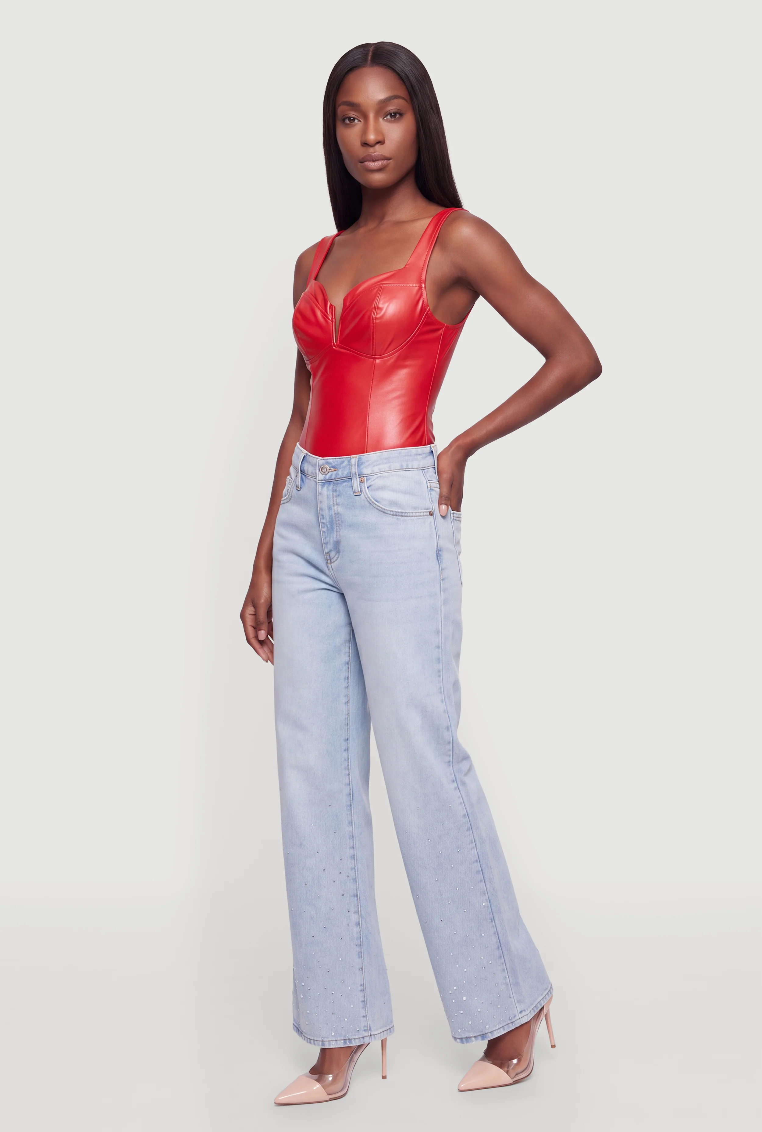Faux Leather Notch Neck Bustier Bodysuit