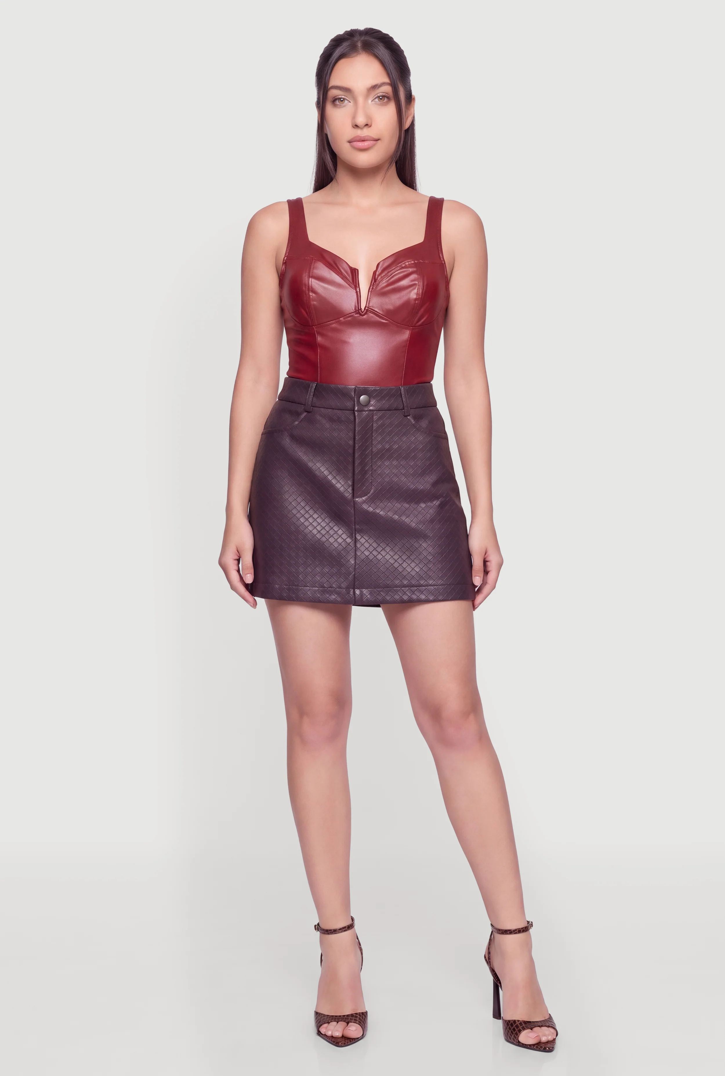 Faux Leather Notch Neck Bustier Bodysuit