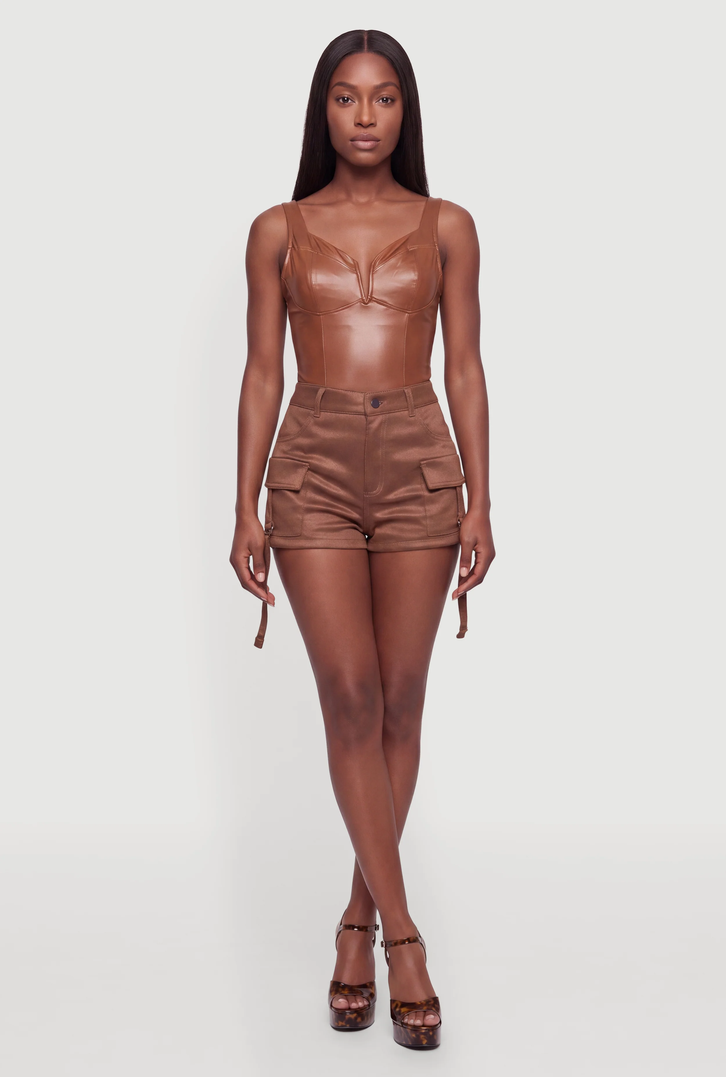 Faux Leather Notch Neck Bustier Bodysuit
