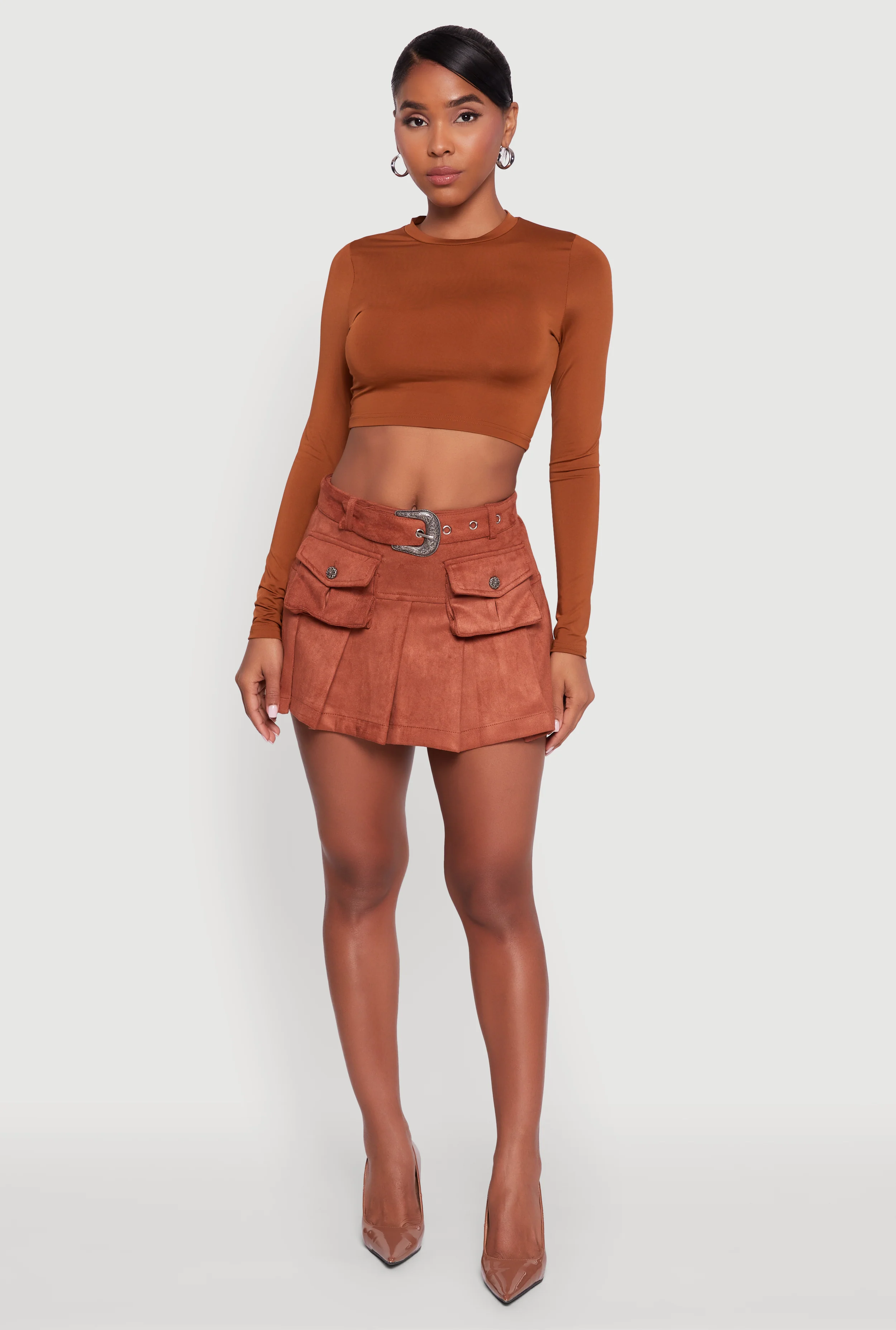 Faux Suede Pleated Cargo Skirt with Western Buckle Belt