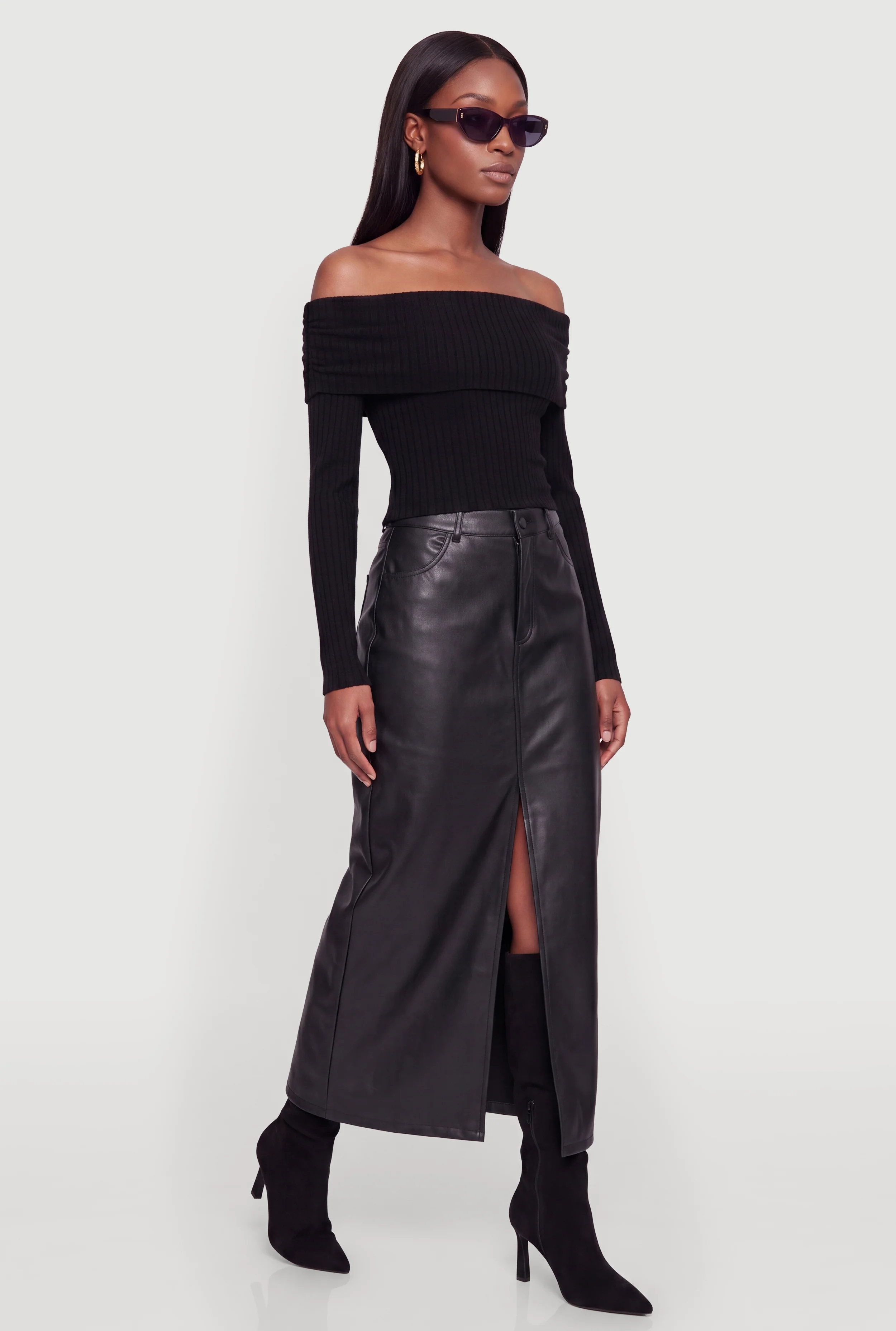 Faux Leather Fleece Lined Front Slit Skirt