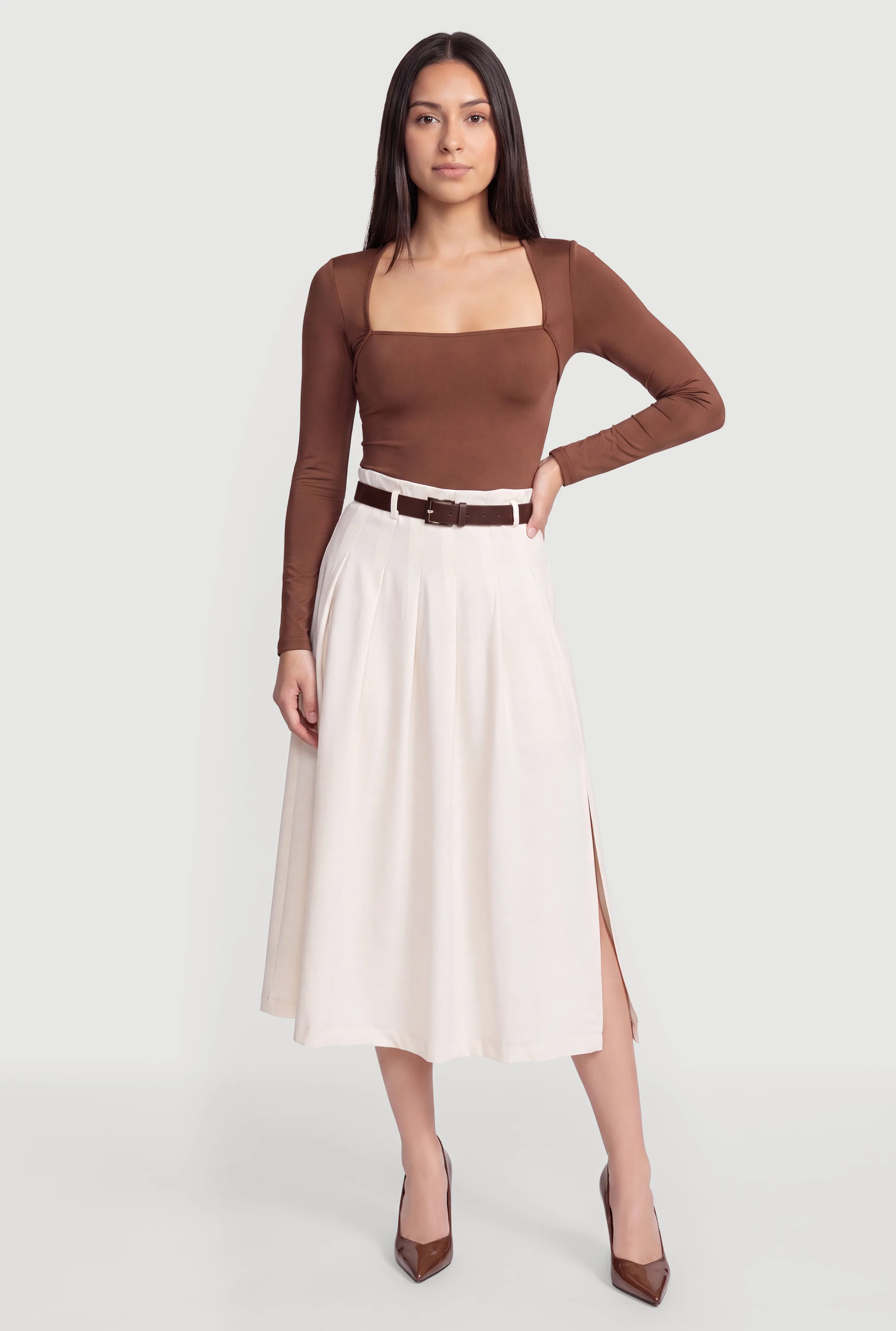 Belted Side Slit Midi Skirt