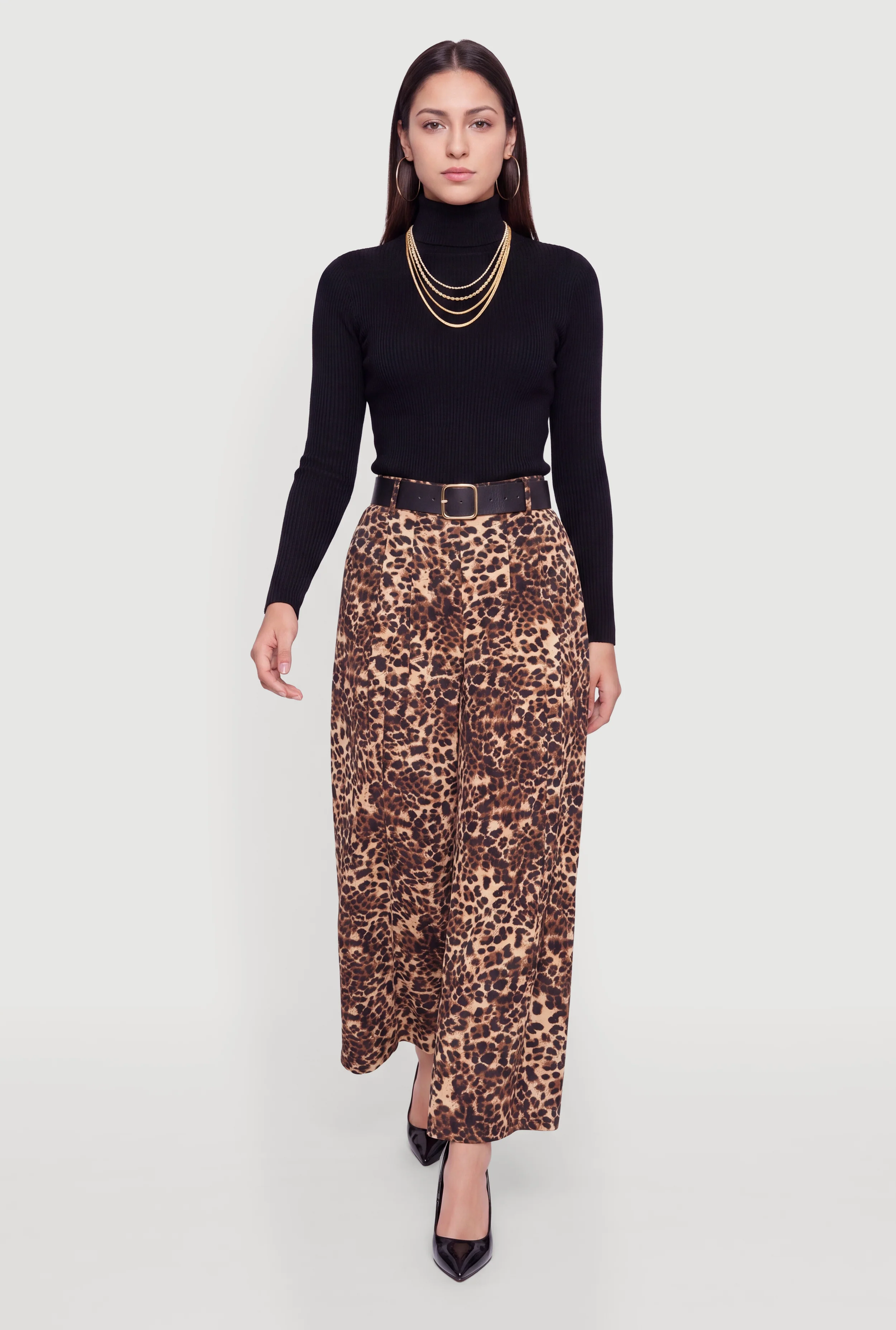 Belted Leopard Print Wide Leg Trousers