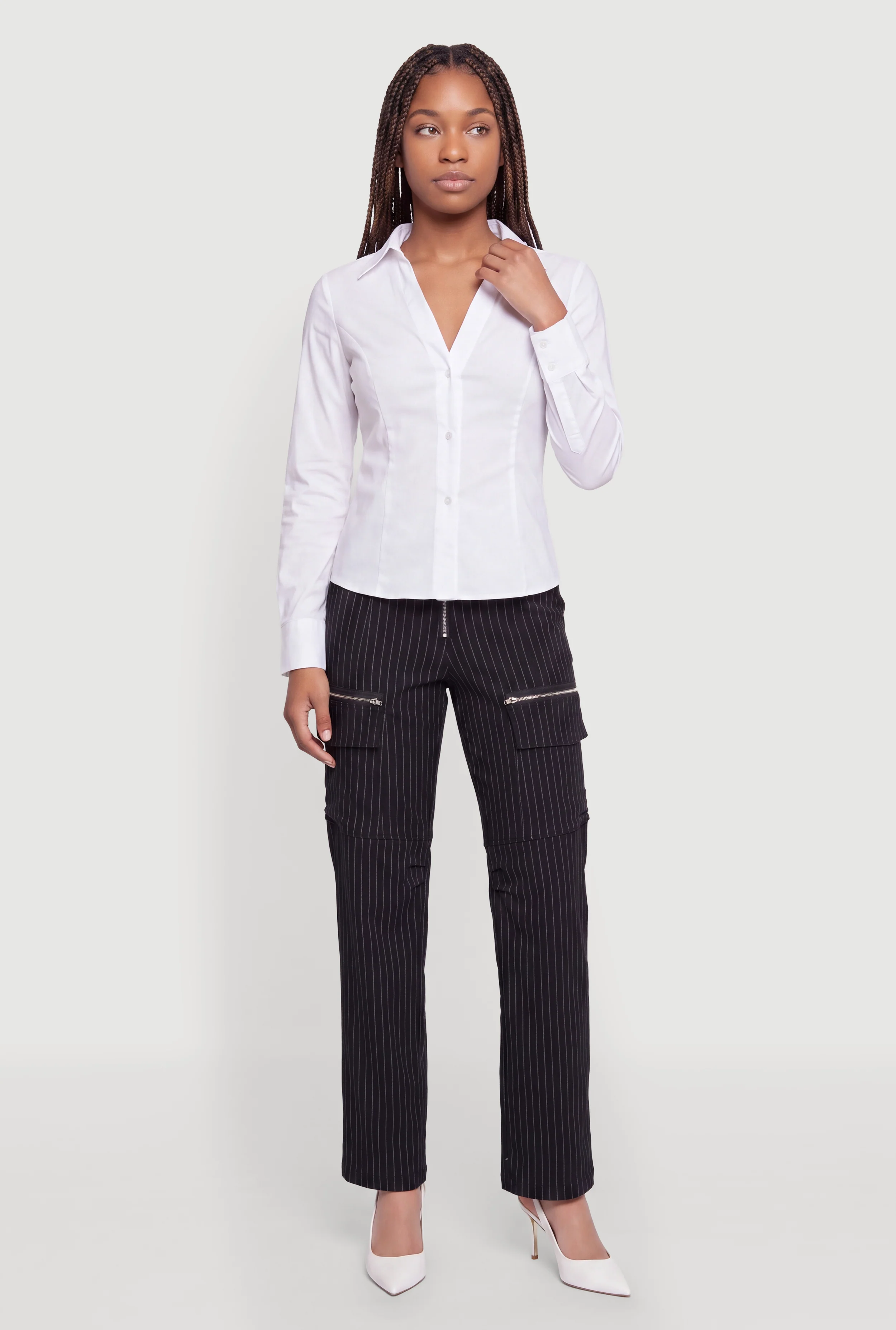 Pinstripe Zip Front Cargo Pocket Pants