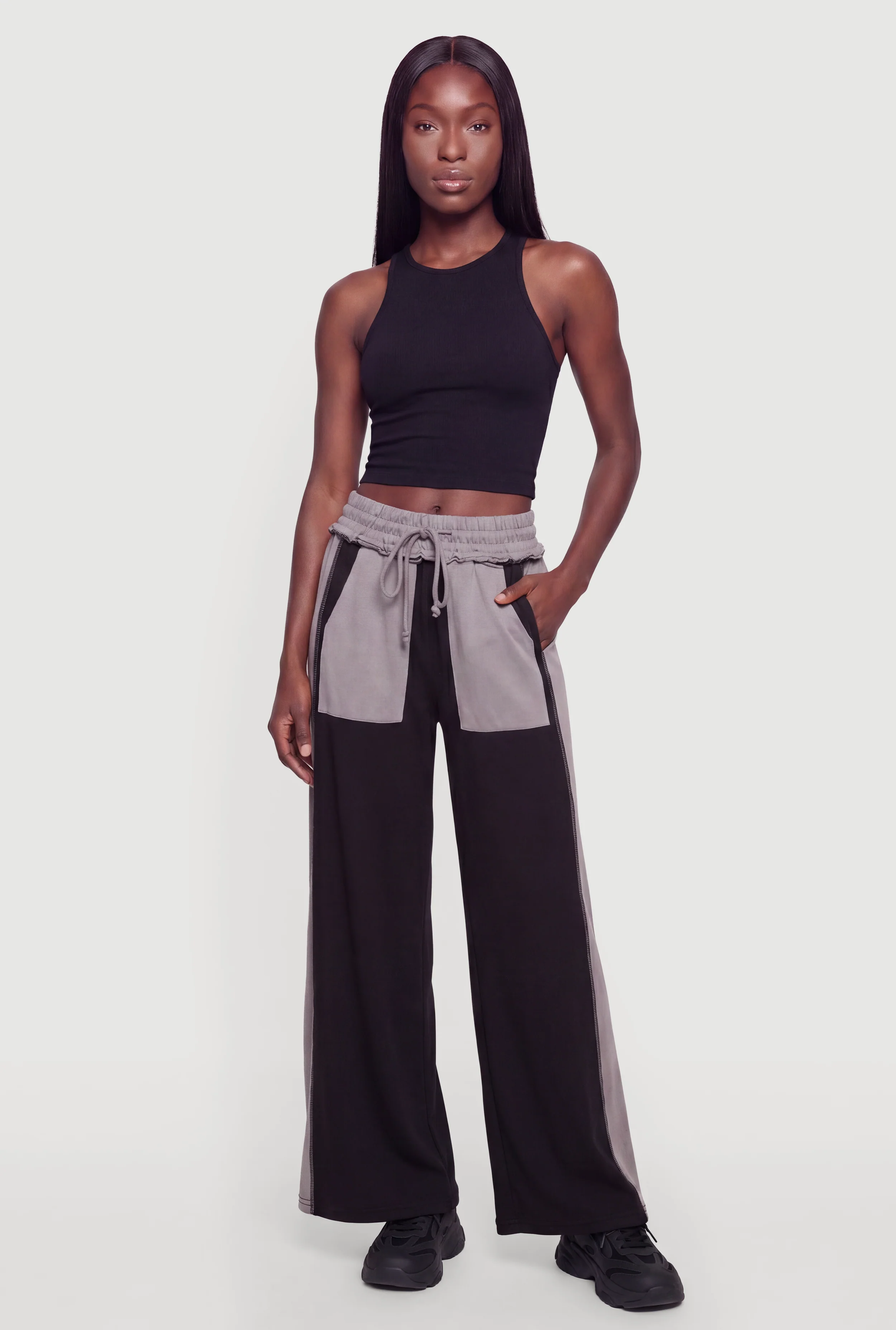 Drawstring Waist Color Blocked Wide Leg Pants