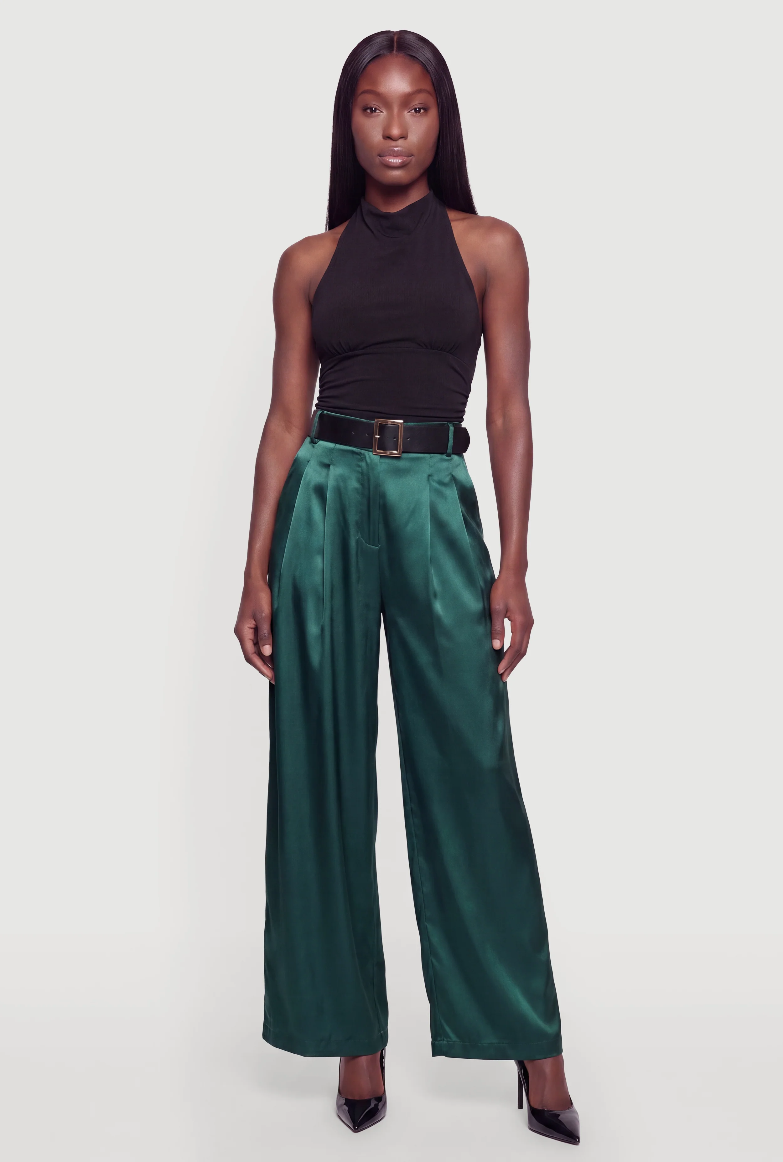 Satin Pleated High Waisted Wide Leg Dress Pants with Belt