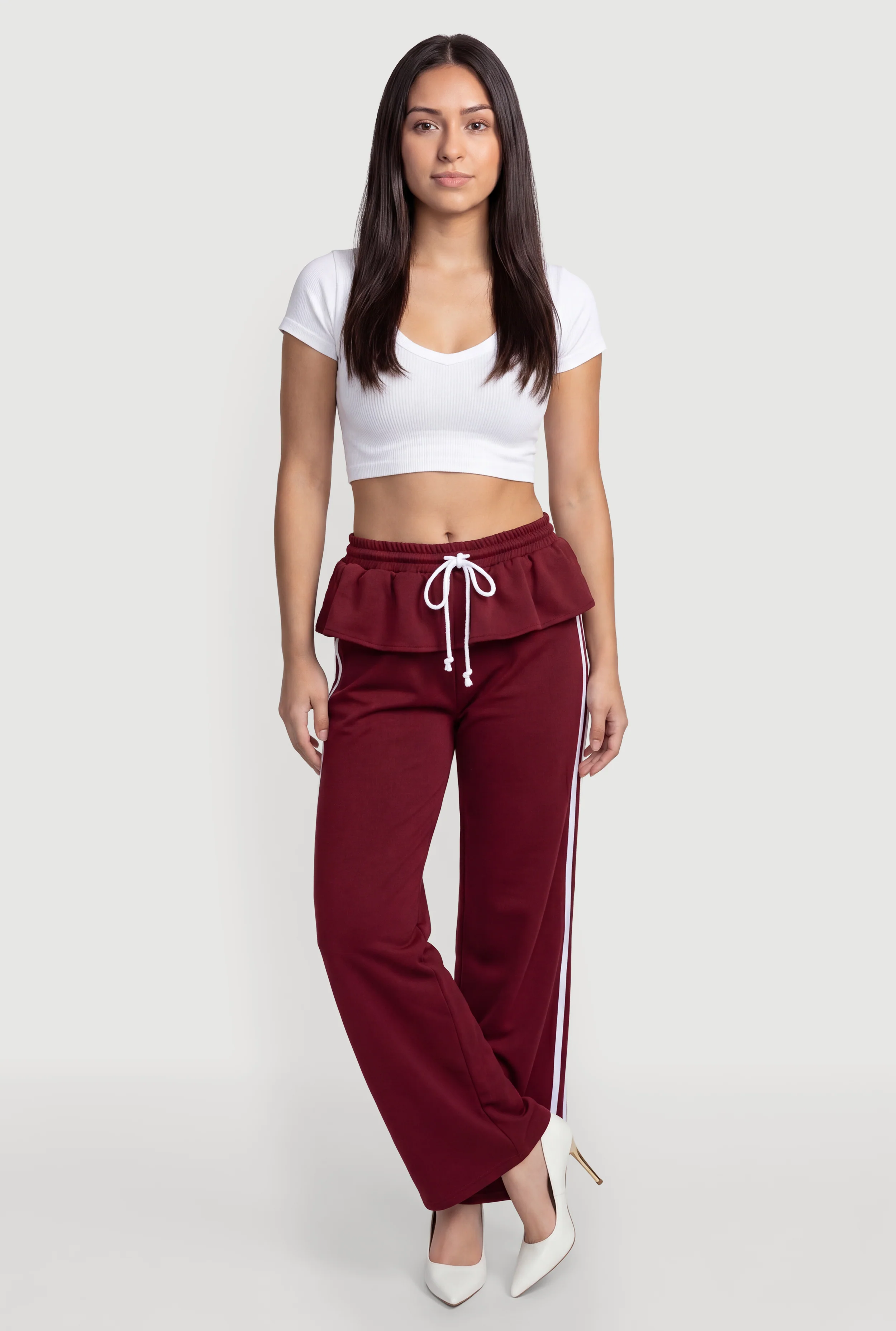 Peplum Detail Varsity Stripe Wide Leg Pants