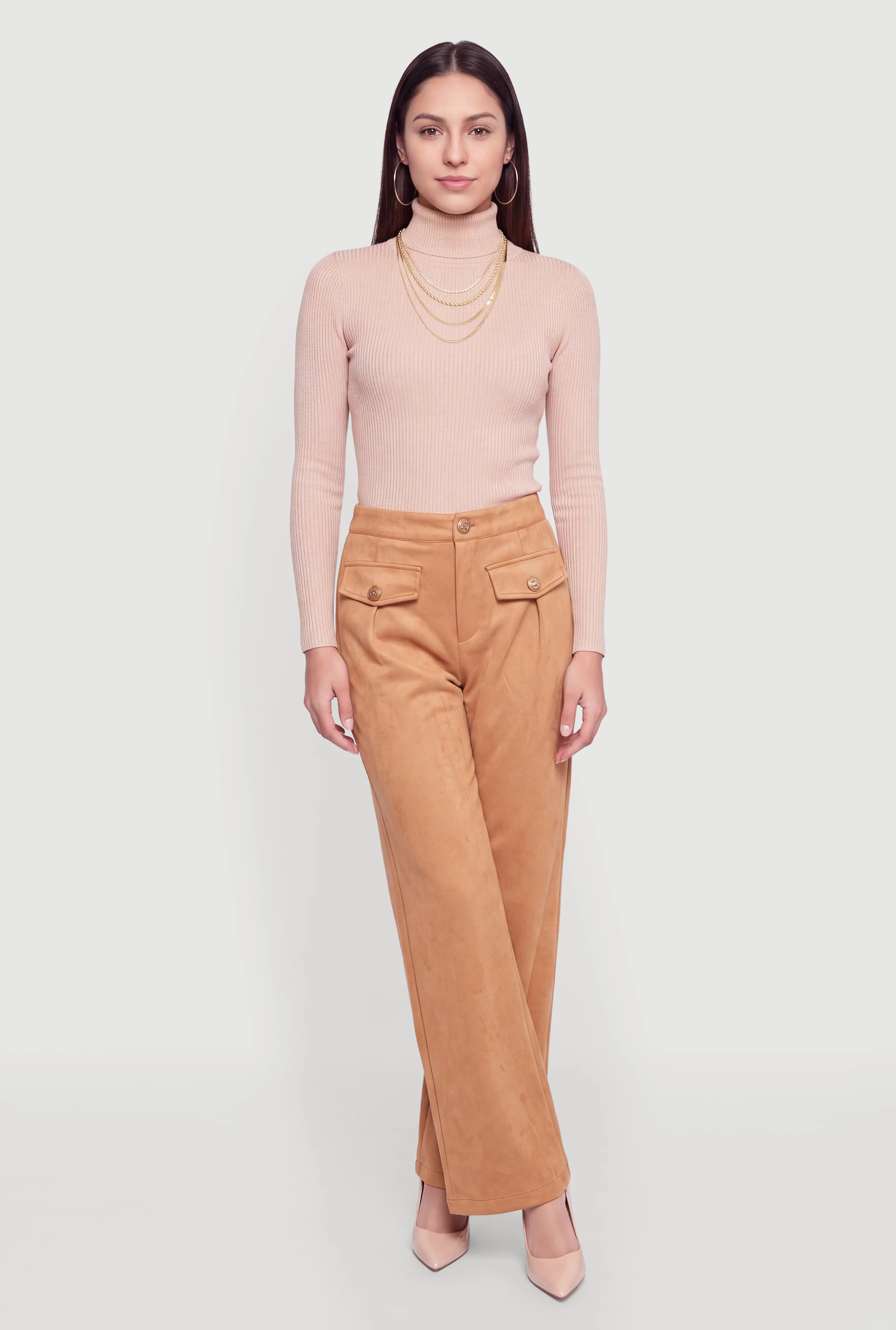 Faux Suede Pleated Flap Pocket Dress Pants
