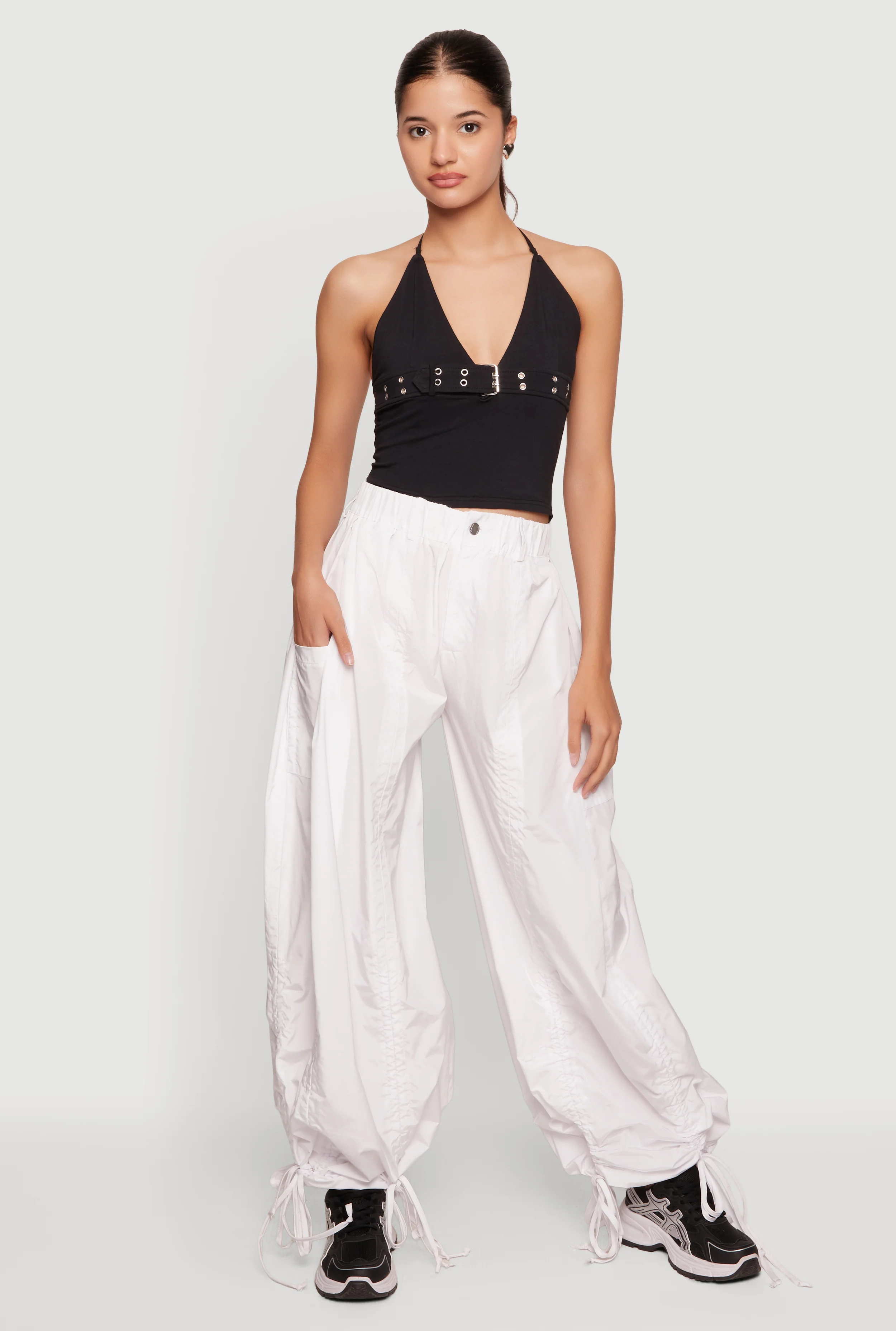 Tie Hem Parachute Baggy Pants