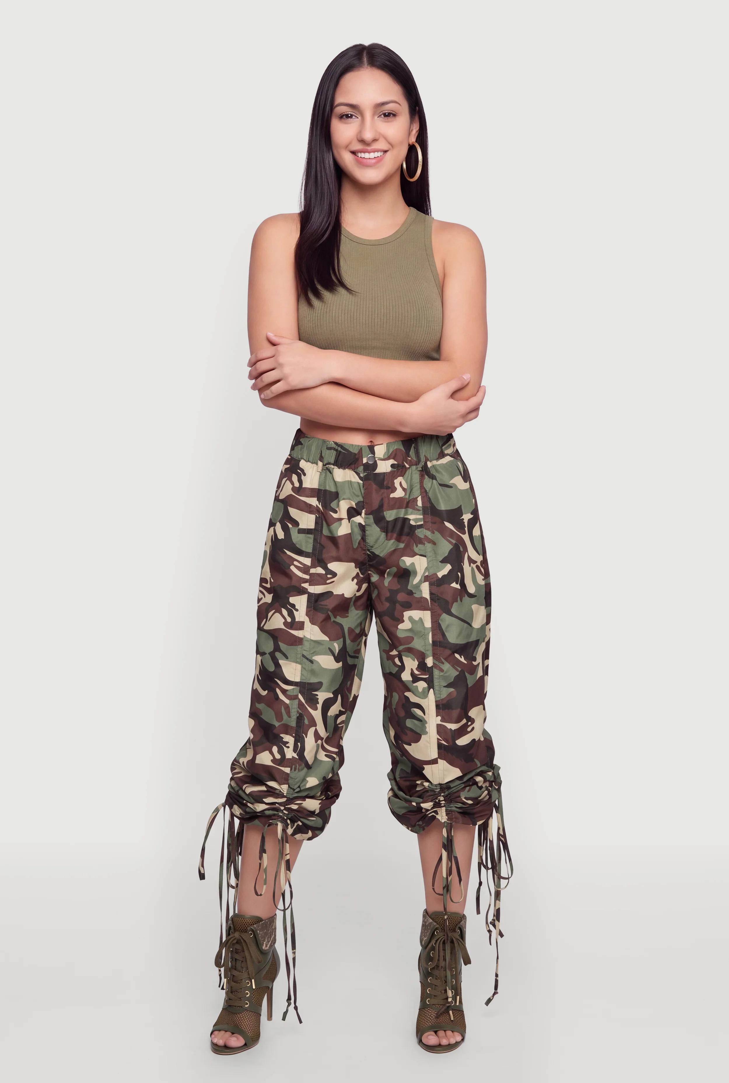 Drawstring Hem Nylon Camo Pants