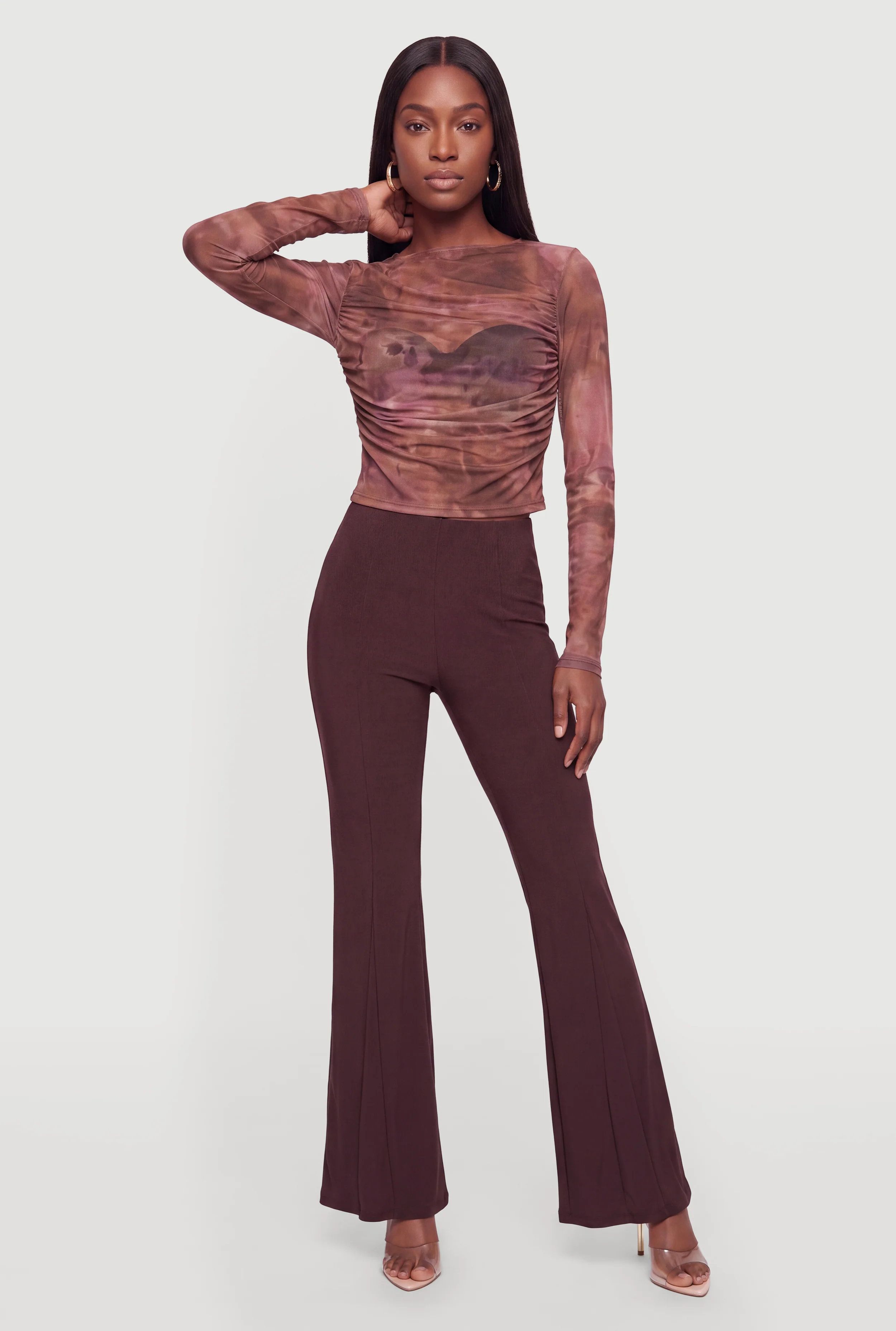 Pintuck Detail Flare Leg High Waisted Dress Pants