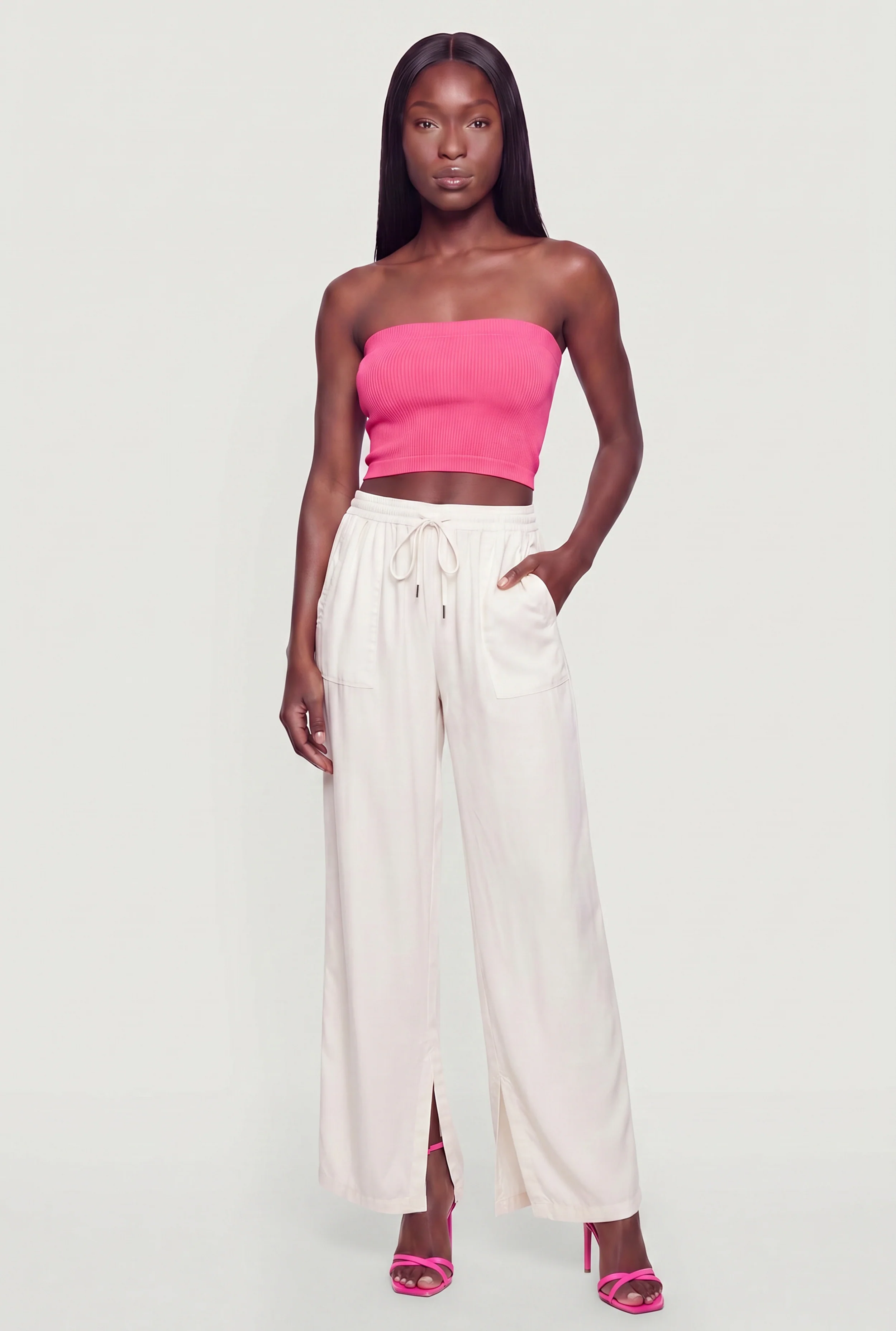 Drawstring Waist Side Slit Wide Leg Pants