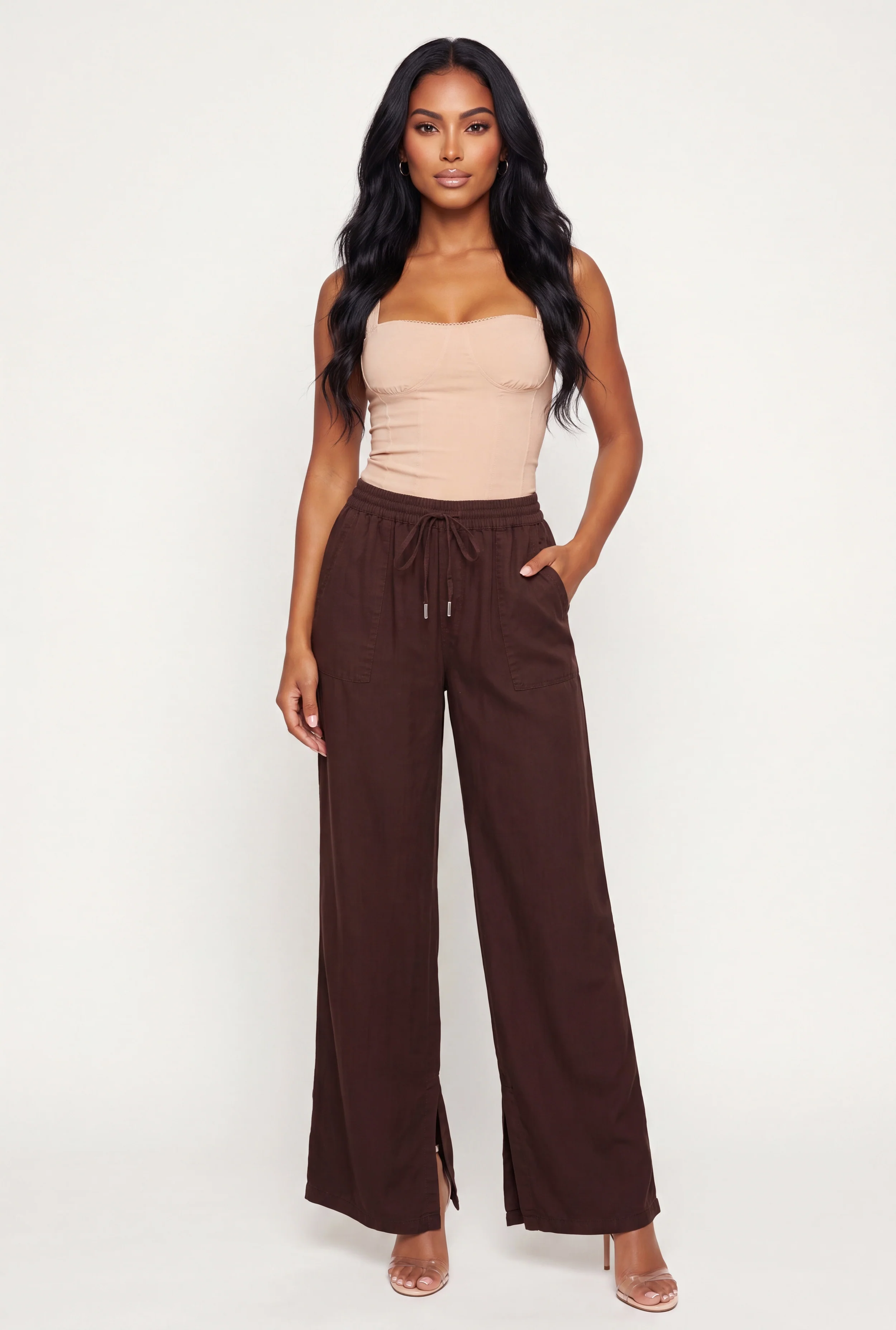 Drawstring Waist Side Slit Wide Leg Pants