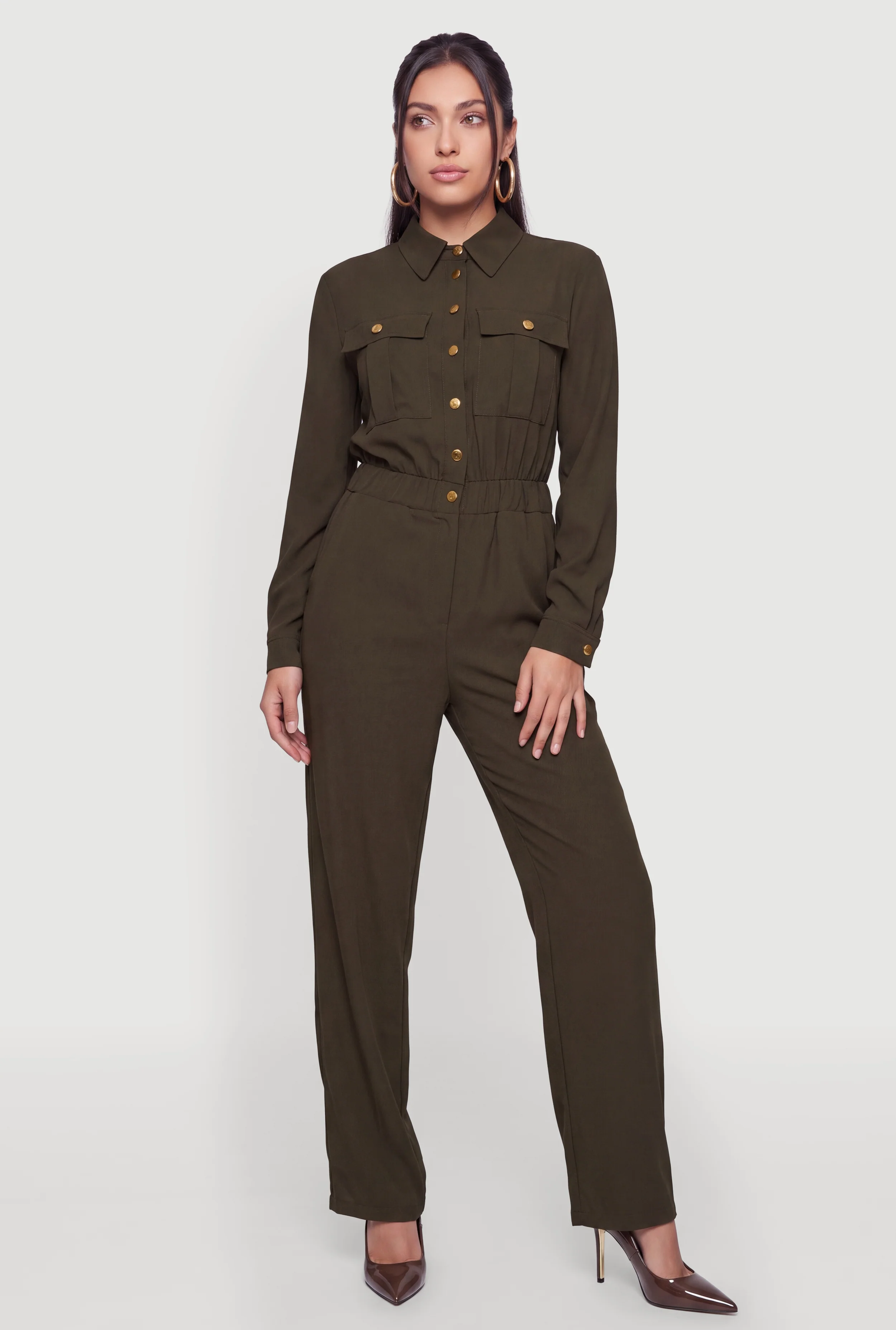 Crepe Knit Long Sleeve Button Front Jumpsuit