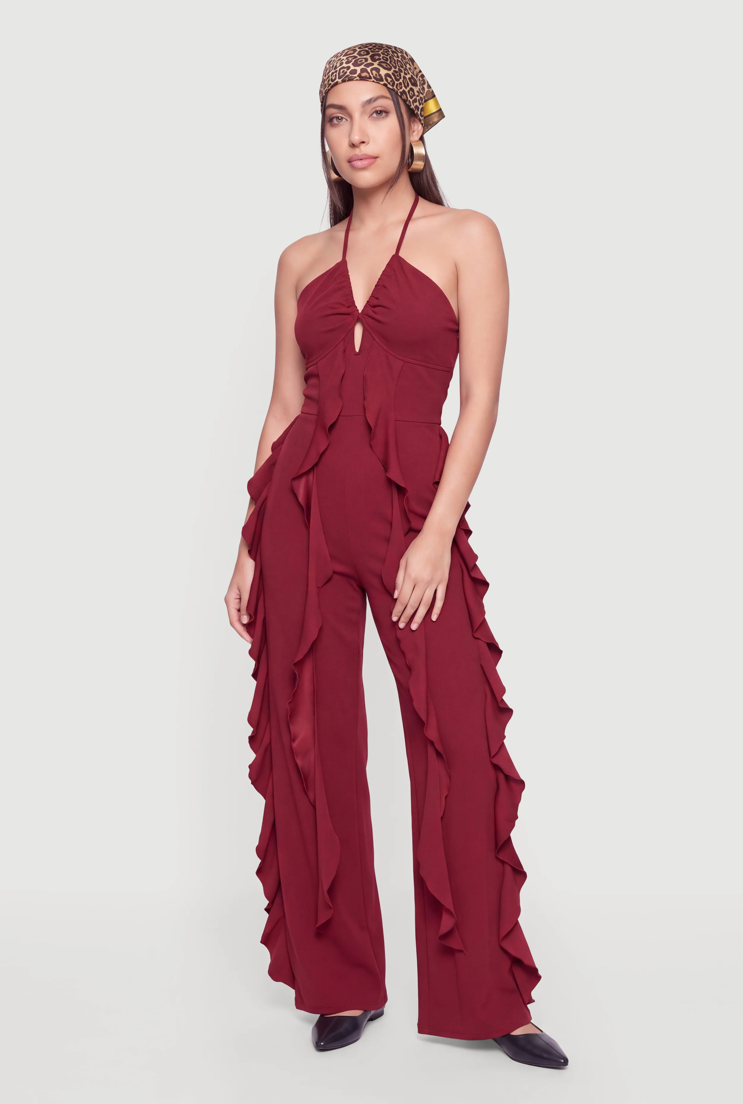 Ruffle Detail Wide Leg Halter Jumpsuit