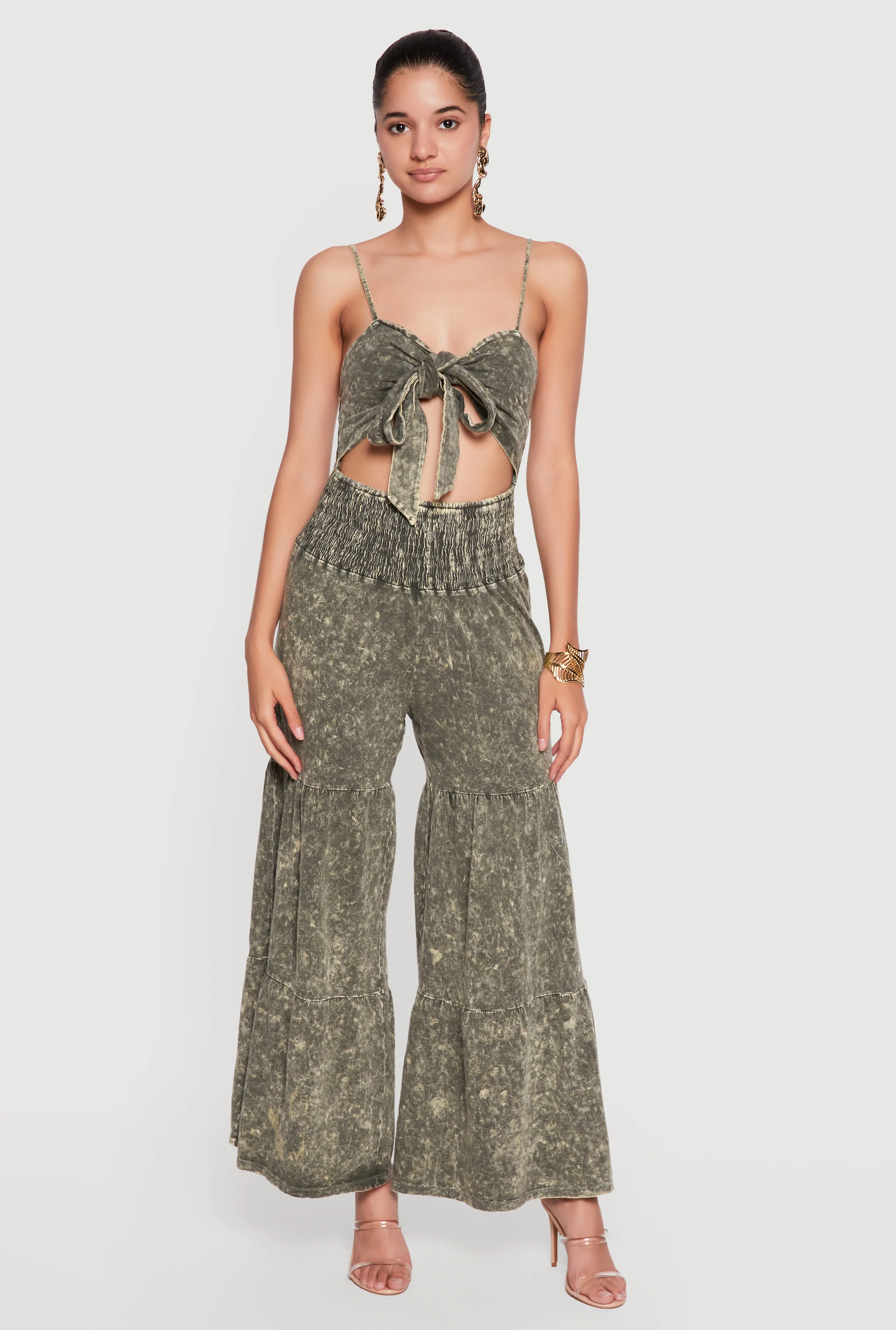 Acid Wash Cutout Tie Front Tiered Wide Leg Jumpsuit