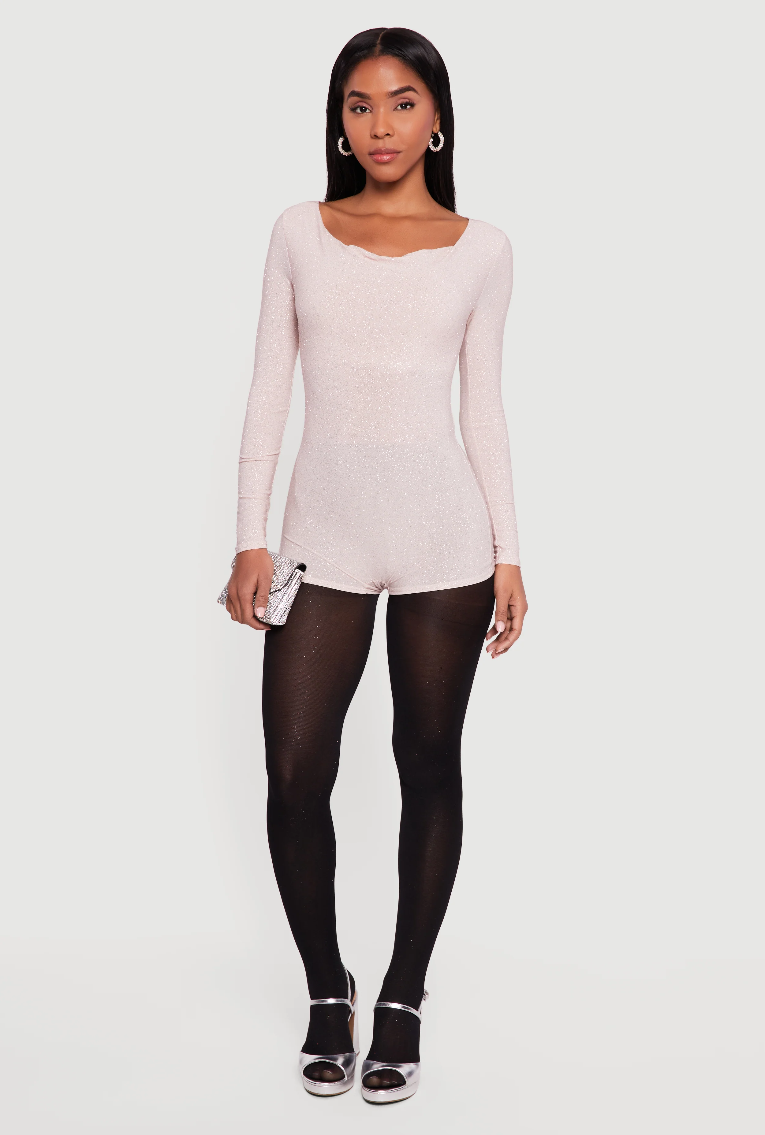 Glittery Long Sleeve Cowl Neck Romper