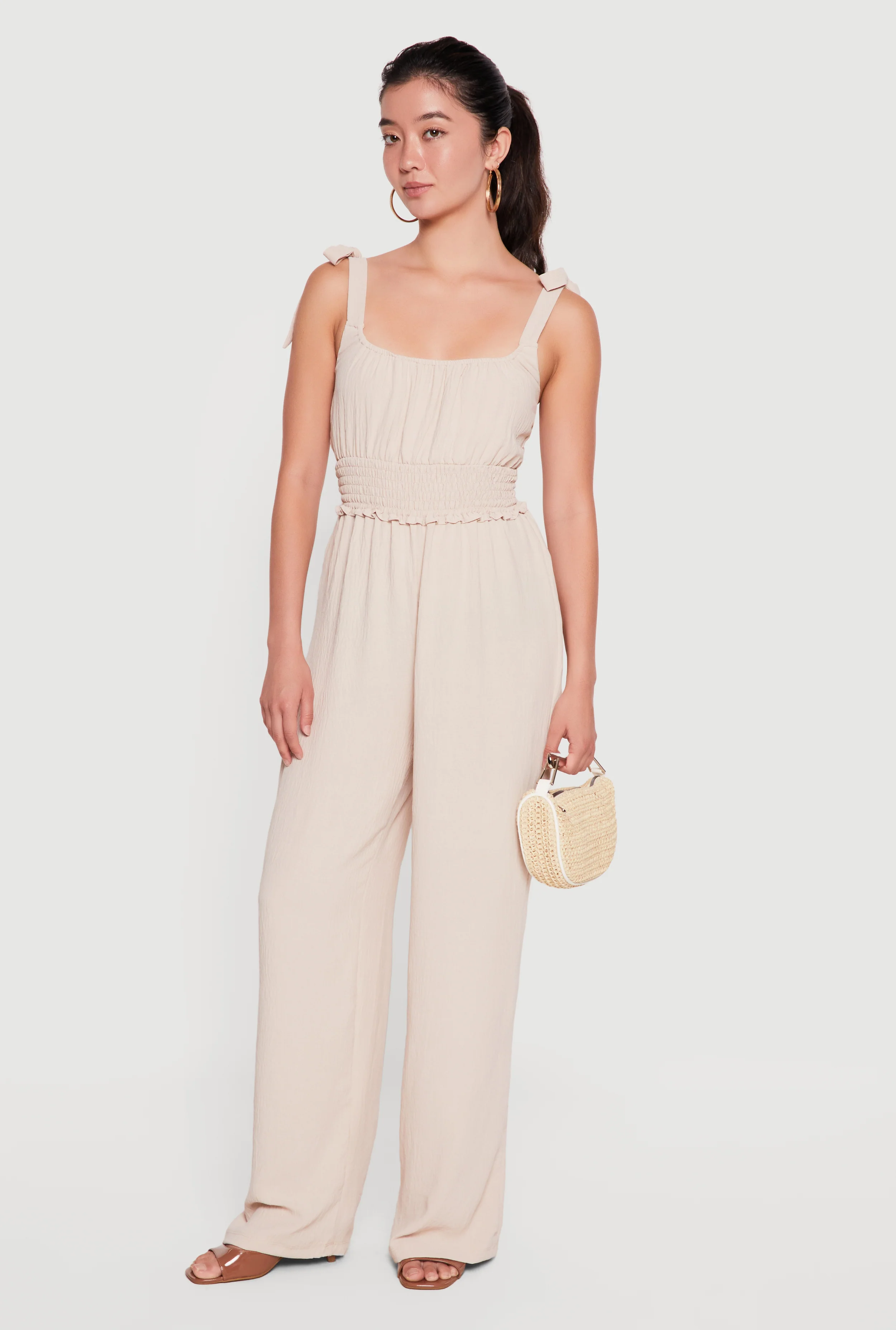 Smocked Waist Sleeveless Tie Shoulder Jumpsuit
