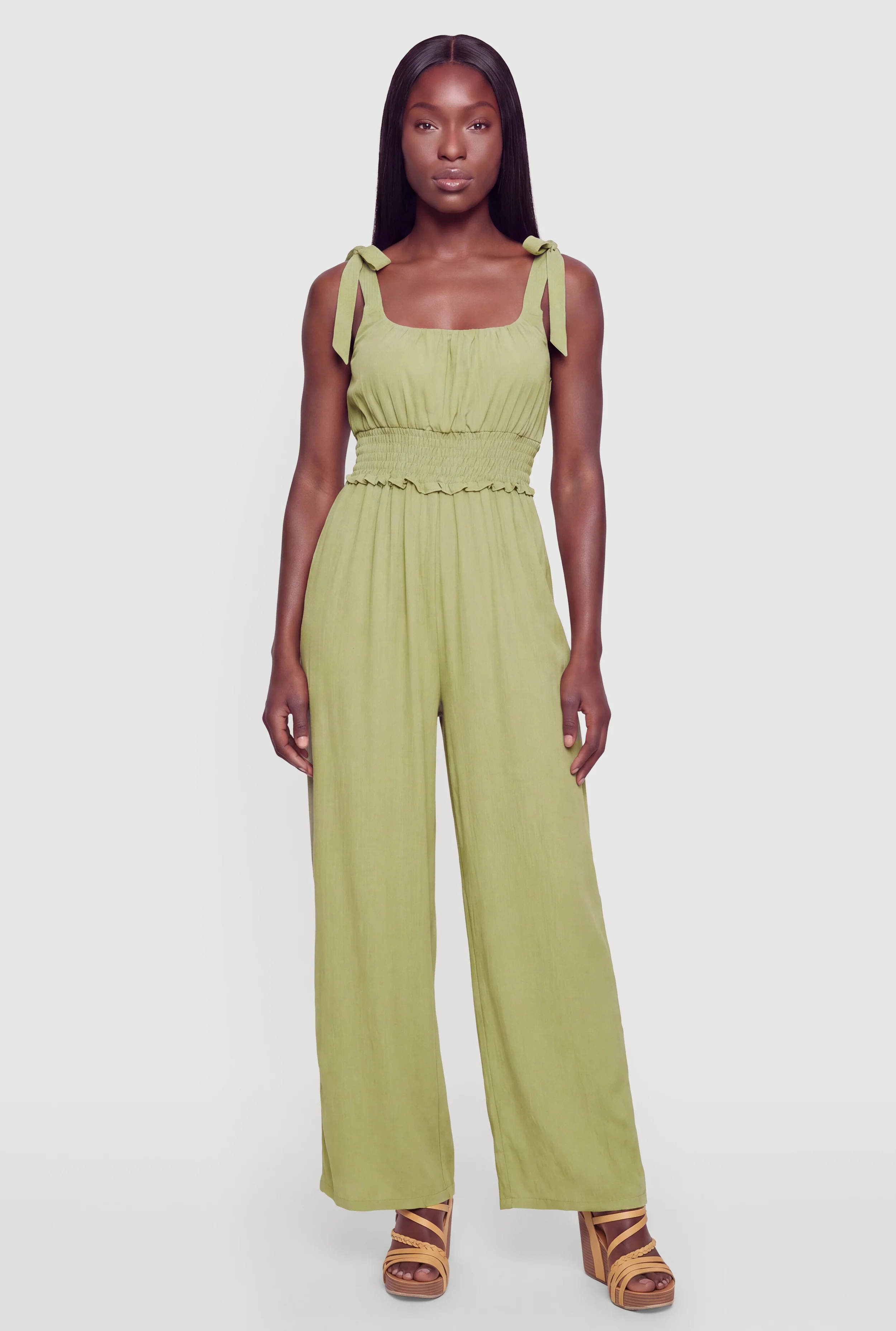 Smocked Waist Sleeveless Tie Shoulder Jumpsuit