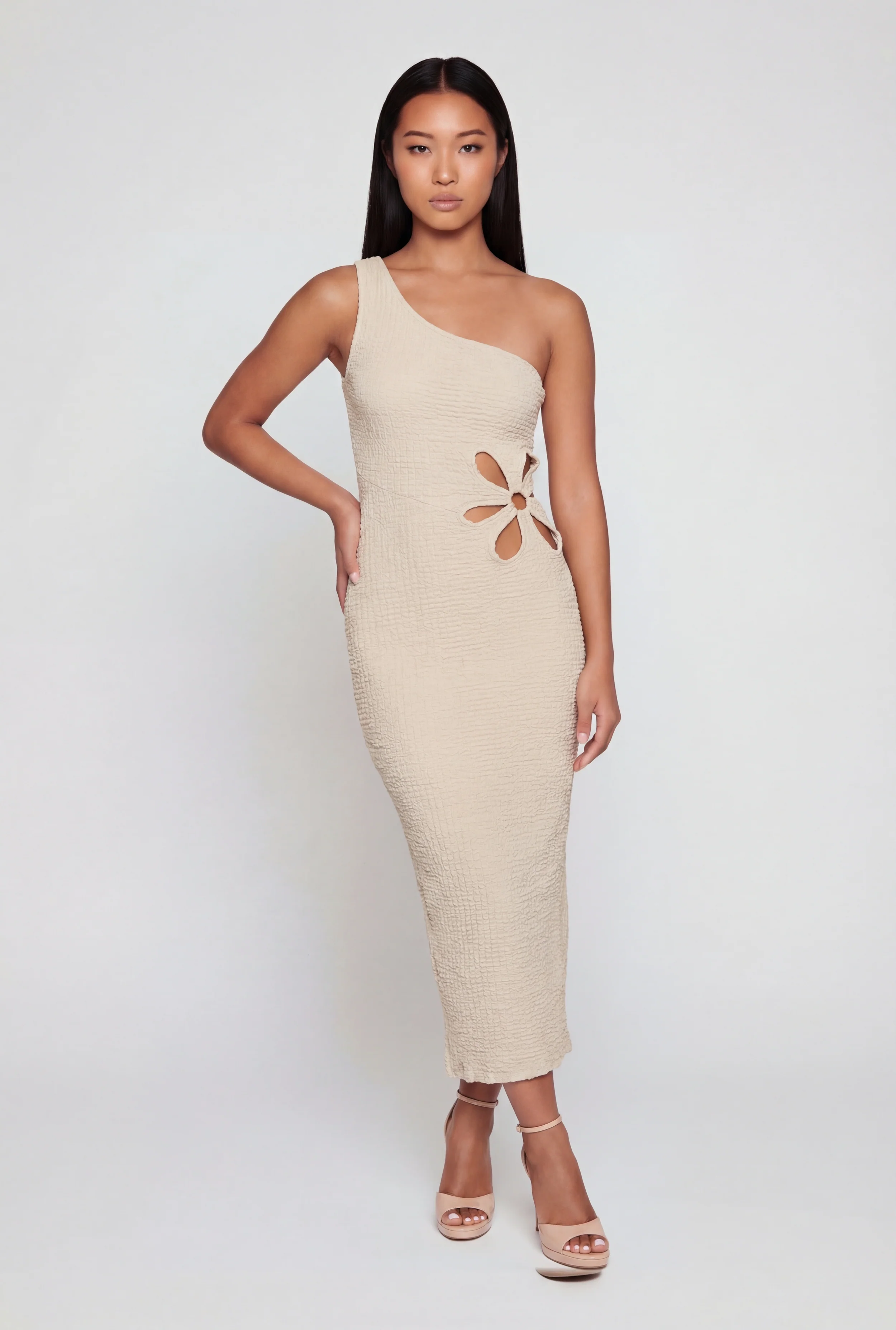 Textured Knit Flower Cutout One Shoulder Dress