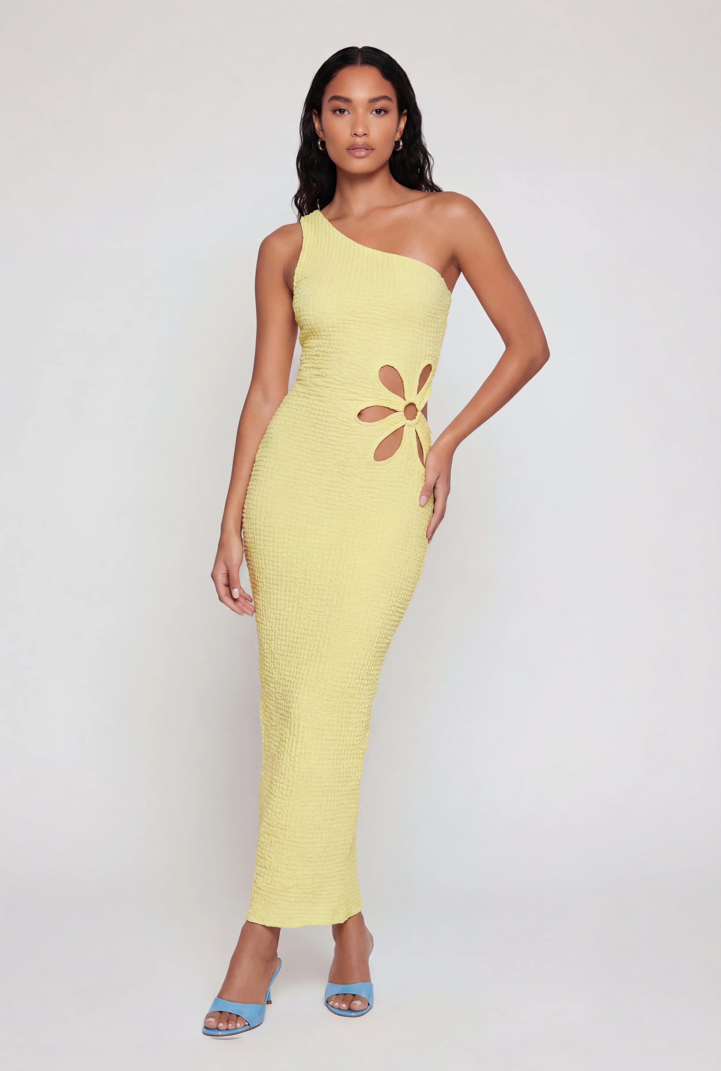 Textured Knit Flower Cutout One Shoulder Dress