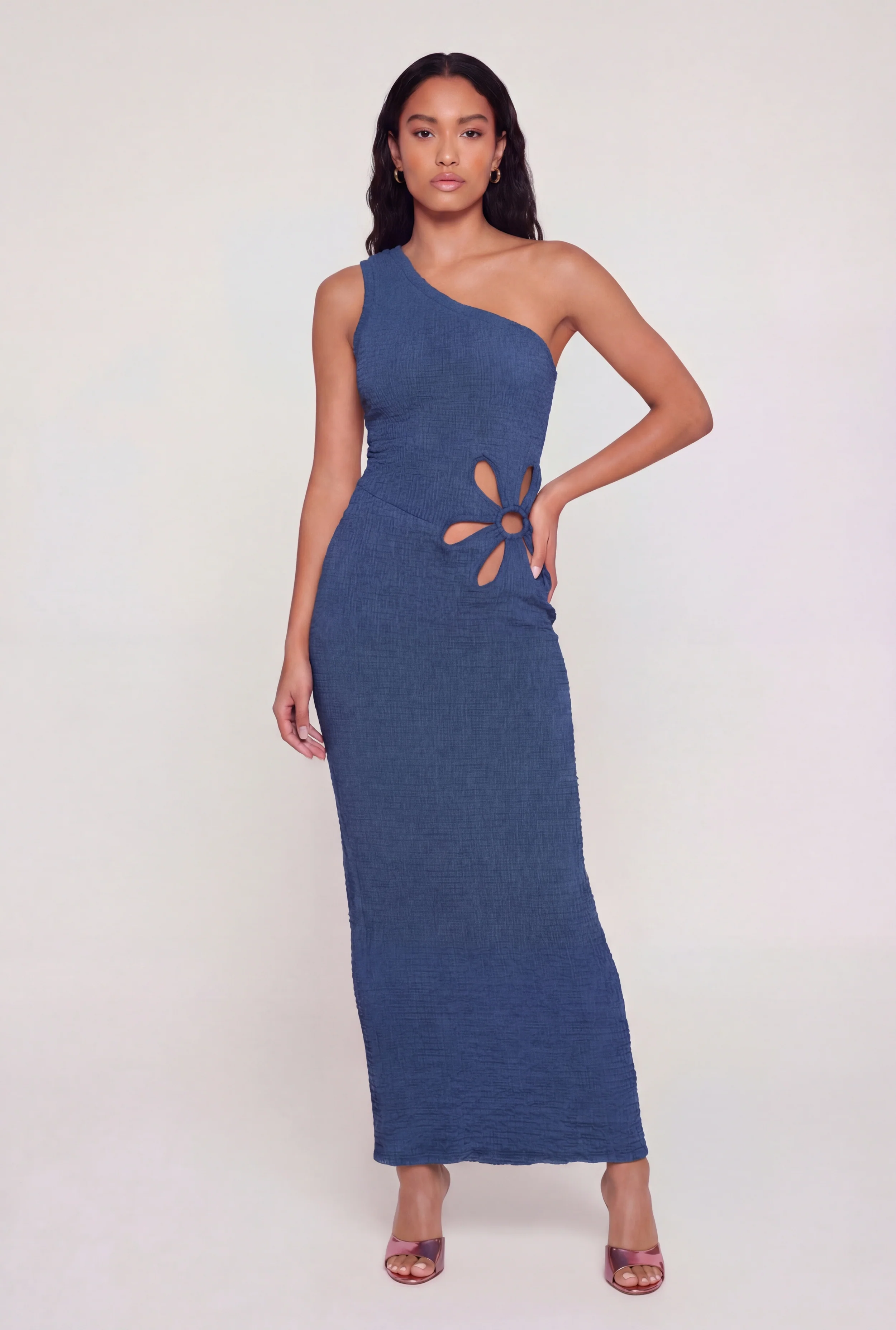 Textured Knit Flower Cutout One Shoulder Dress