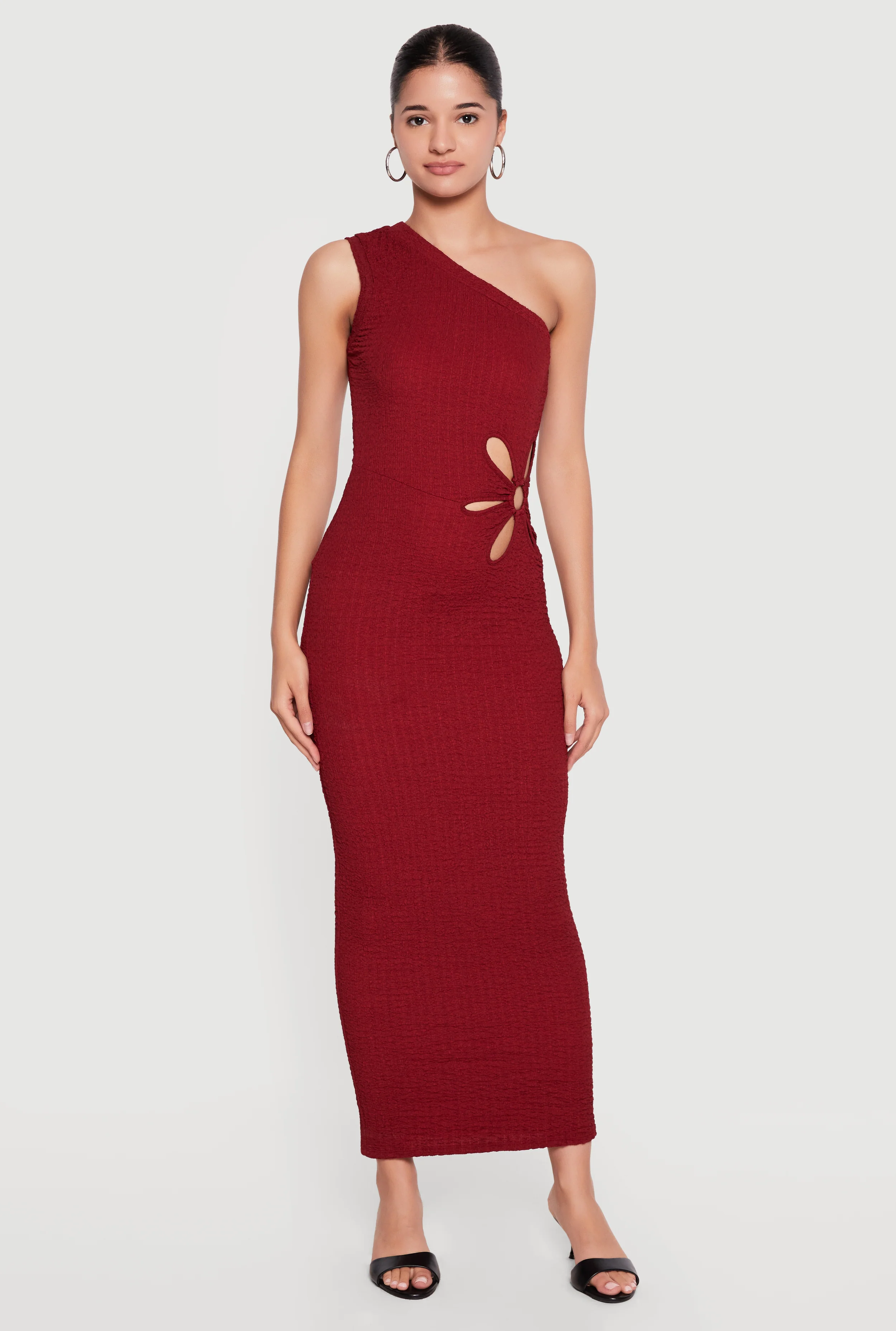Textured Knit Flower Cutout One Shoulder Dress