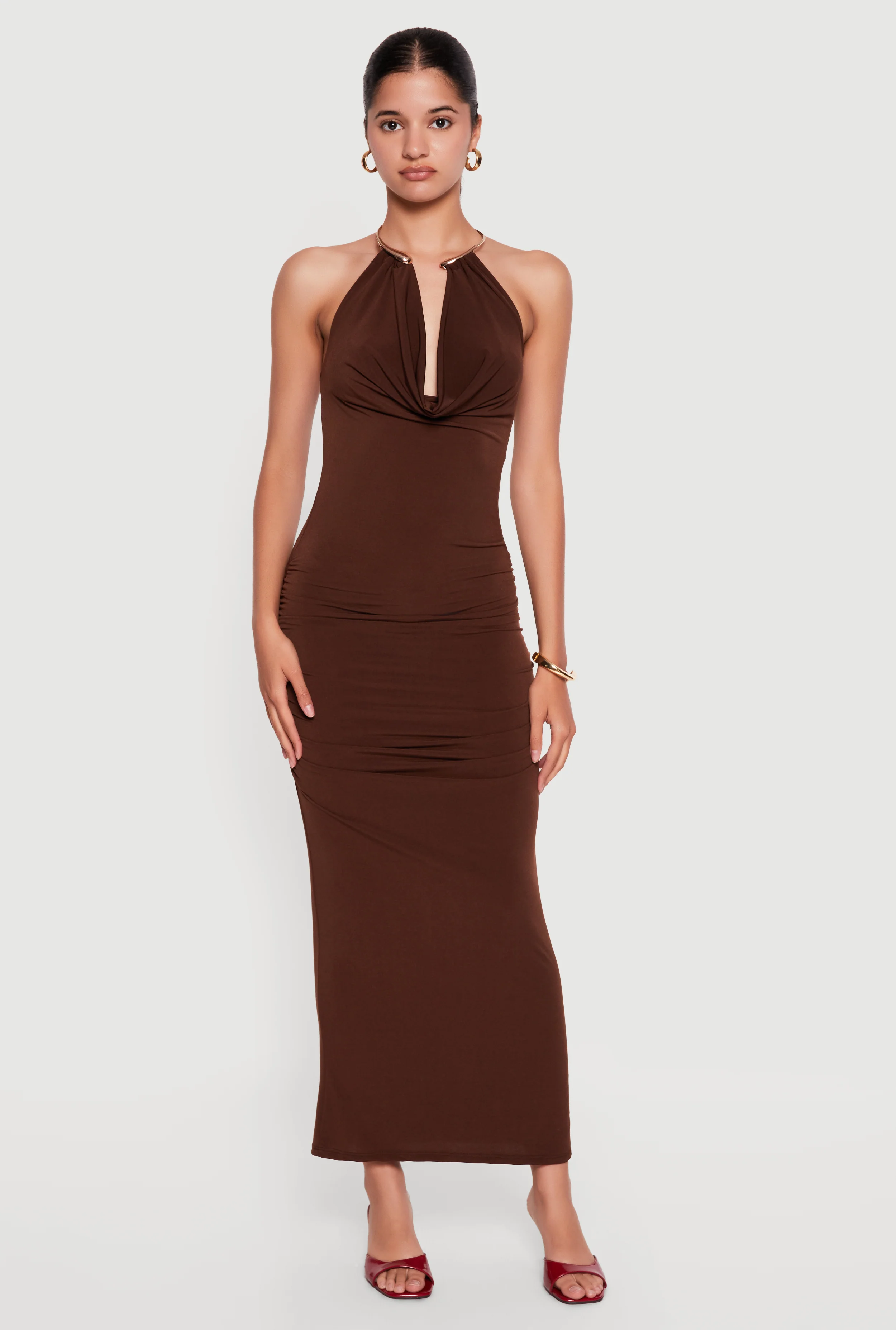 Metallic O Ring Cowl Halter Neck Maxi Dress