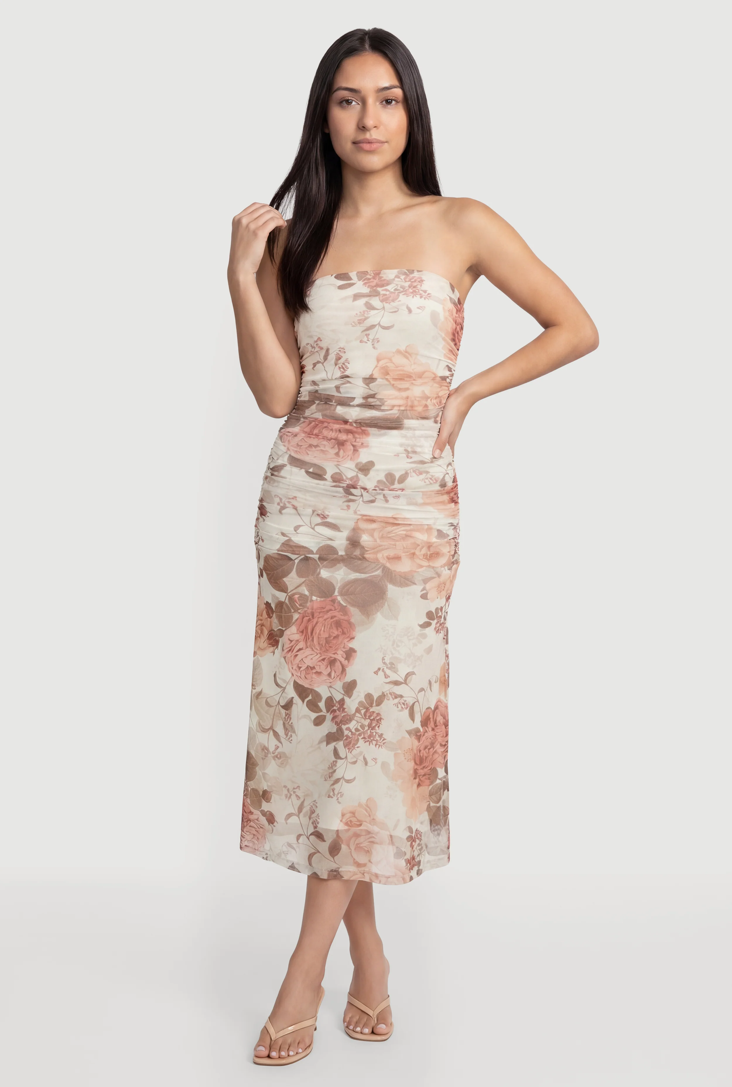Floral Ruched Mesh Strapless Dress