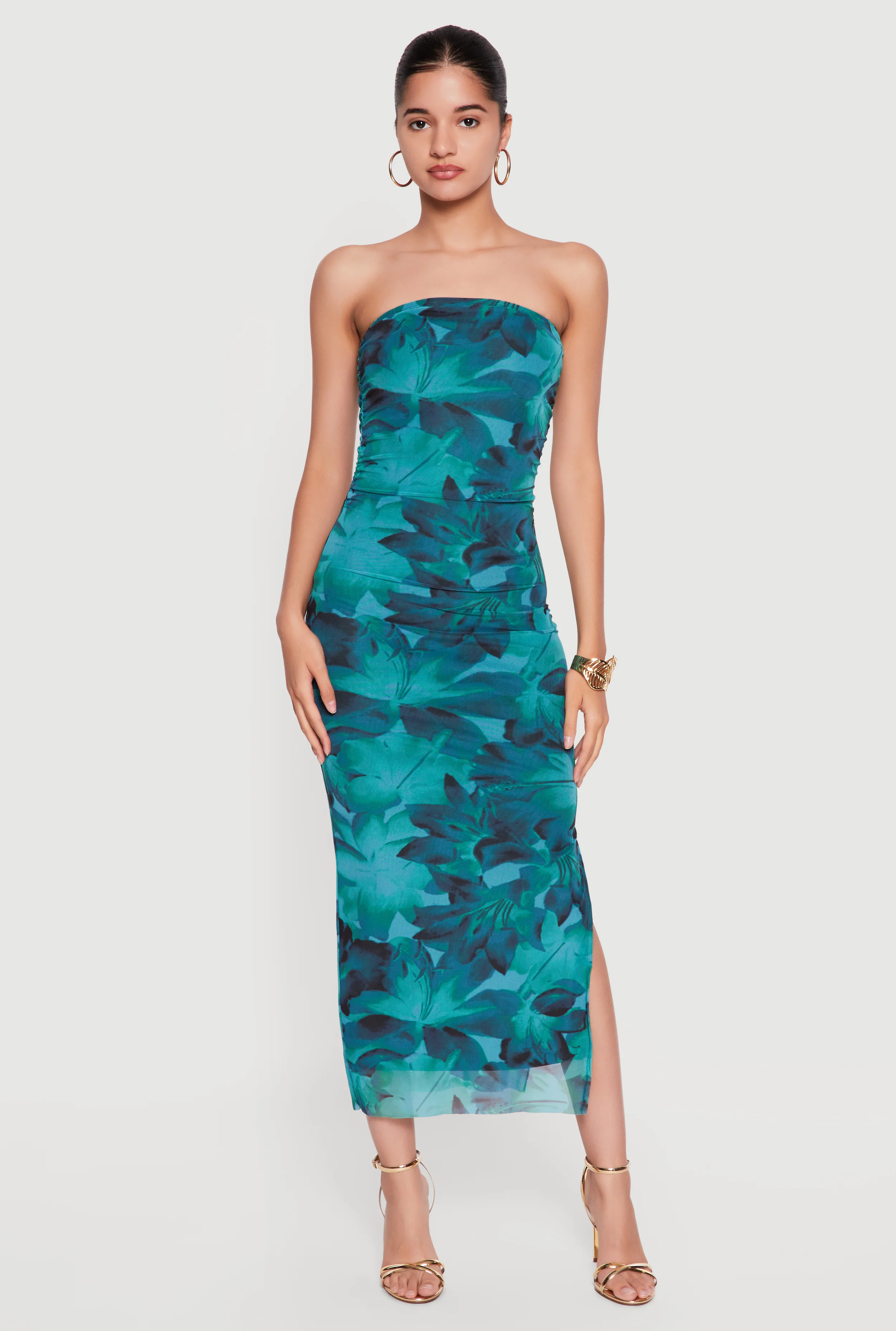 Floral Mesh Ruched Strapless Dress with Side Slit