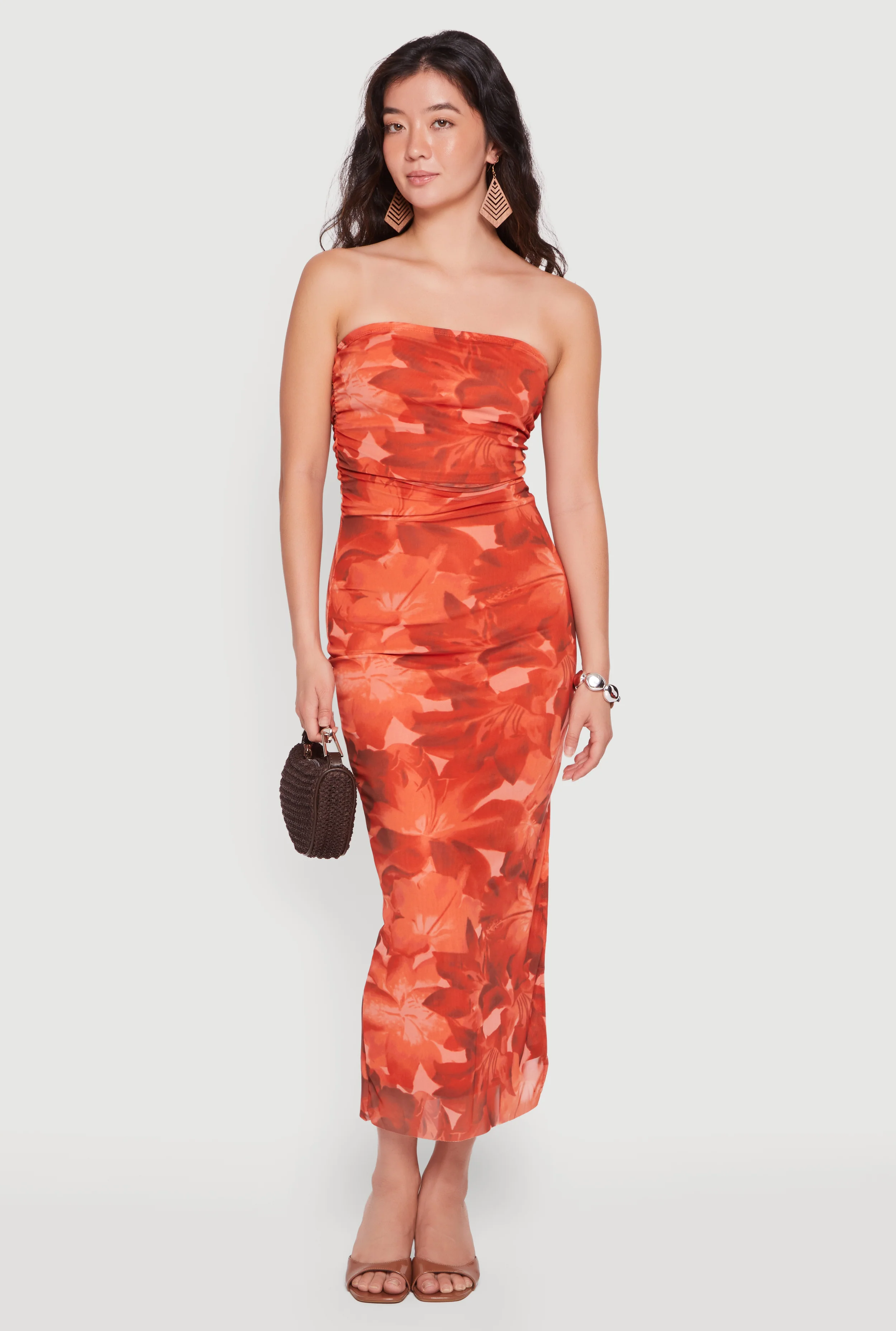 Floral Mesh Ruched Strapless Dress with Side Slit