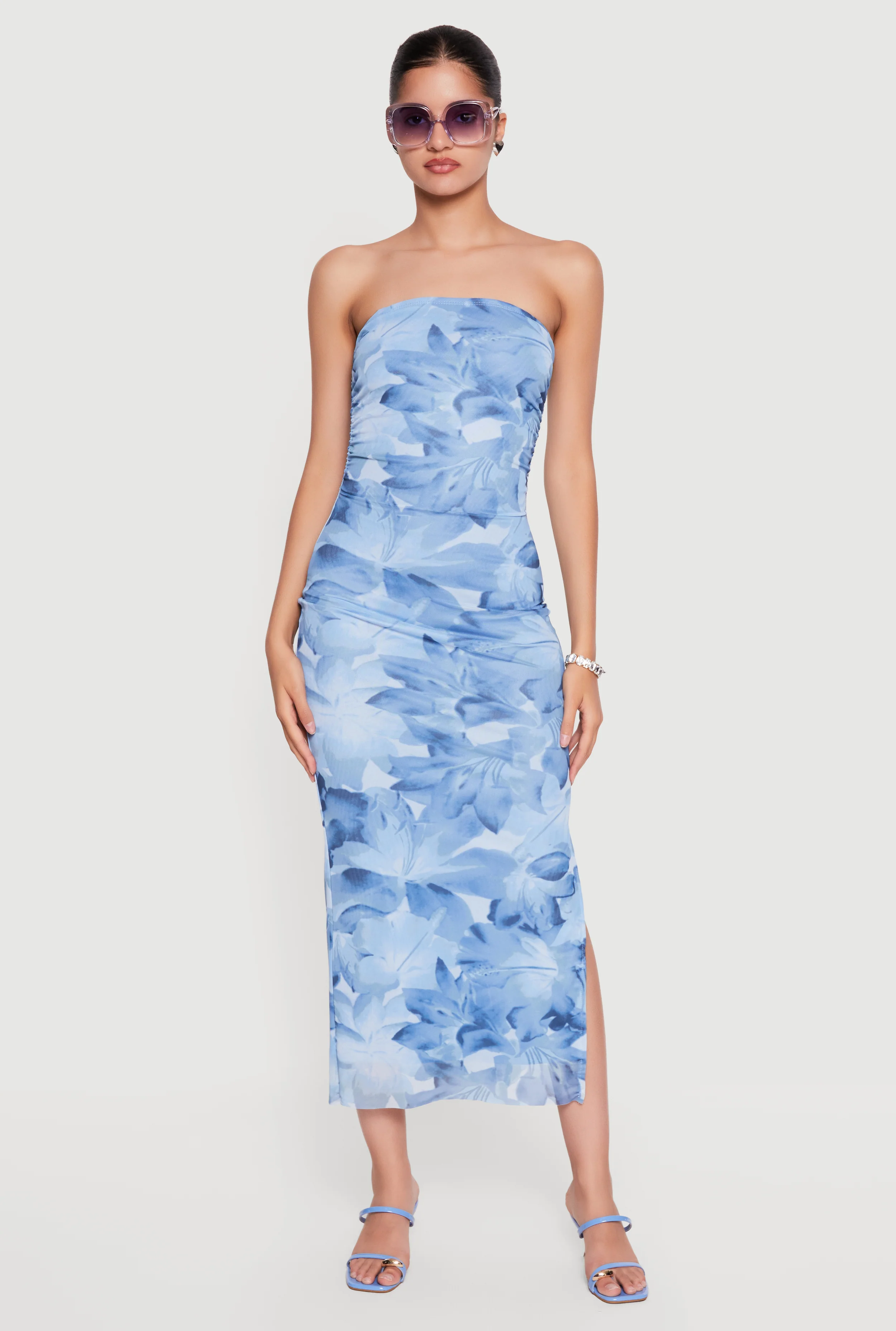 Floral Mesh Ruched Strapless Dress with Side Slit
